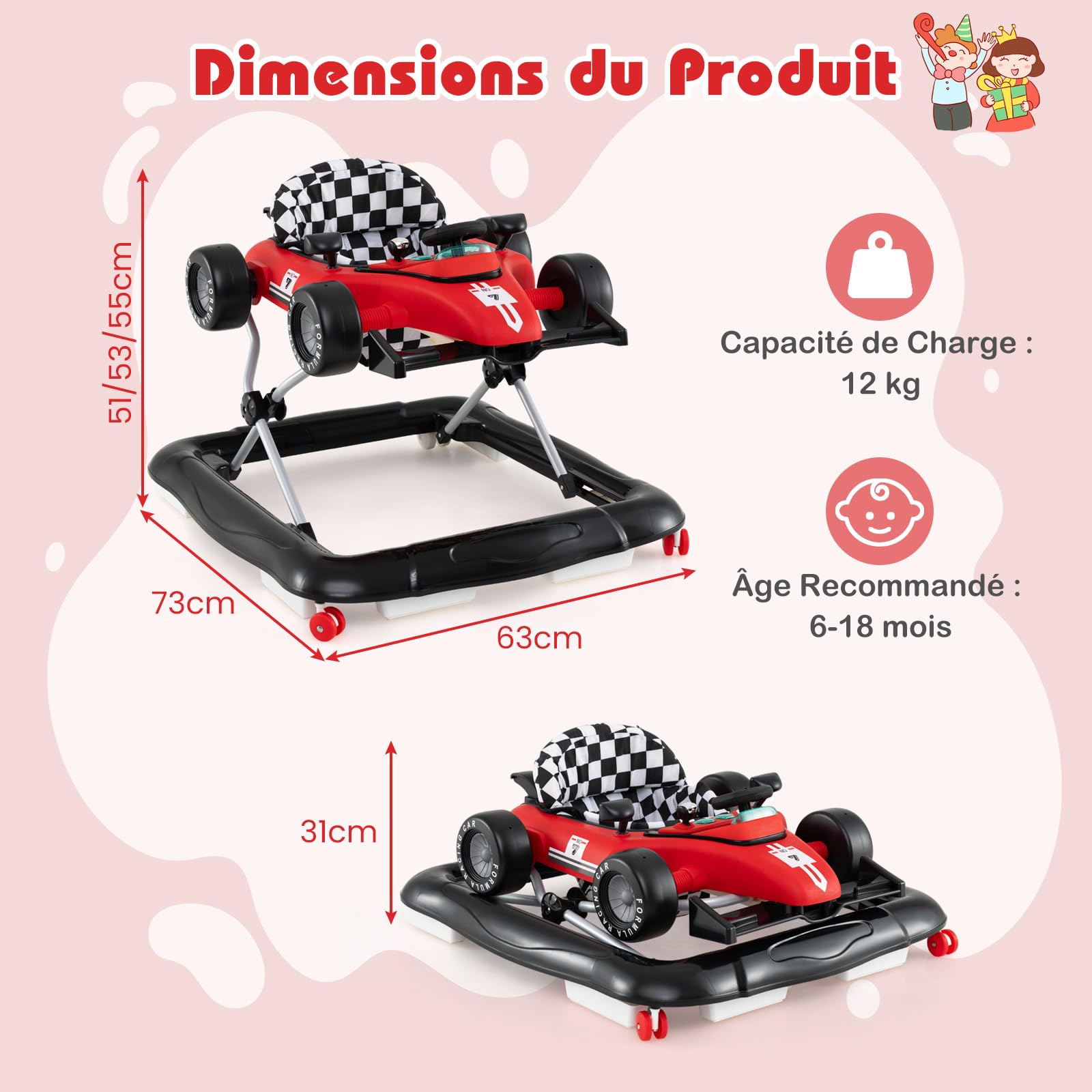 COSTWAY Trotteur Bébé Garçon Fille avec 3 Hauteur Réglable, Trotteur Marche Bébé Pliable Évolutif avec Boîte à Musique Amovible & Volant, Roues Silencieuses, Charge 12kg pour 6-18 Mois