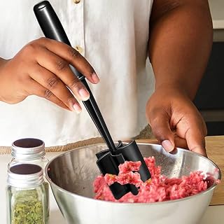 Meat Chopper Masher for Ground Beef, Heat Resistant 5 Curved Blades Ground Beef Smasher with Ergonomic Handle (Black F)