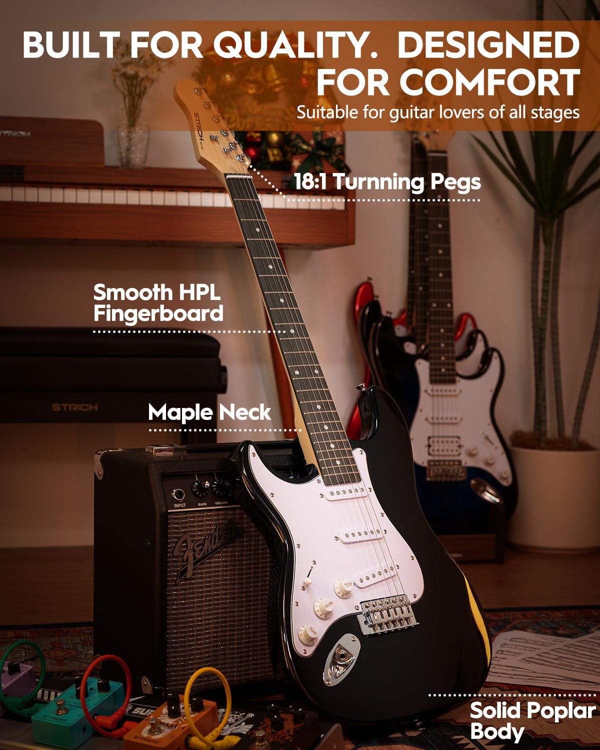 STRICH Electric Guitar Left Hand Beginner Kit, Solid Body 39" Electric Guitar SSS Pick Up for Starter, with 5W x 2 Amp, Bag, Tuner, Capo, Strap, String, Cable, Picks, SST-S10L Black