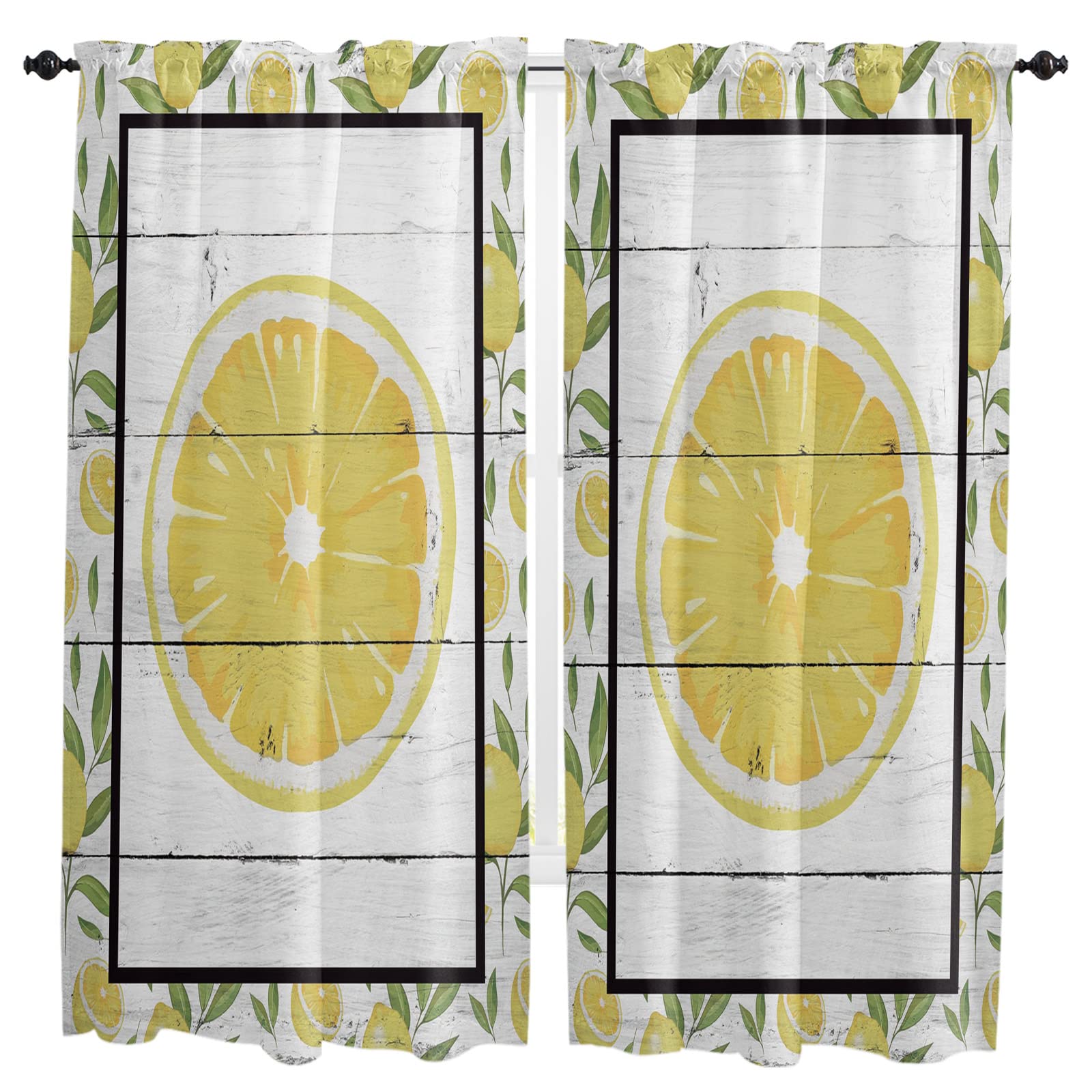 Window Curtain Panels Set of 2, Summer Tropical Lemon Rod Pocket Curtain Drapes for Kitchen Bedroom Living Room, Machine Washable Drapery Window Valances, 52x72inch, Rustic Wooden Vintage Wood