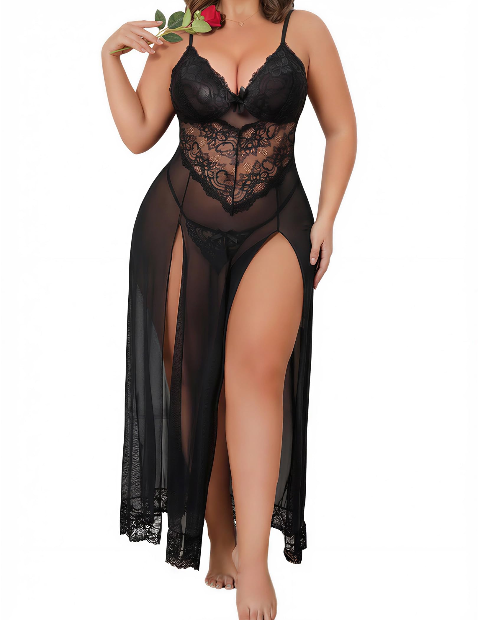 Alrovetoney Plus Size Lingerie For Women Babydoll Sexy Mesh Maxi Nightdress Exotic Sleepwear Side Slits