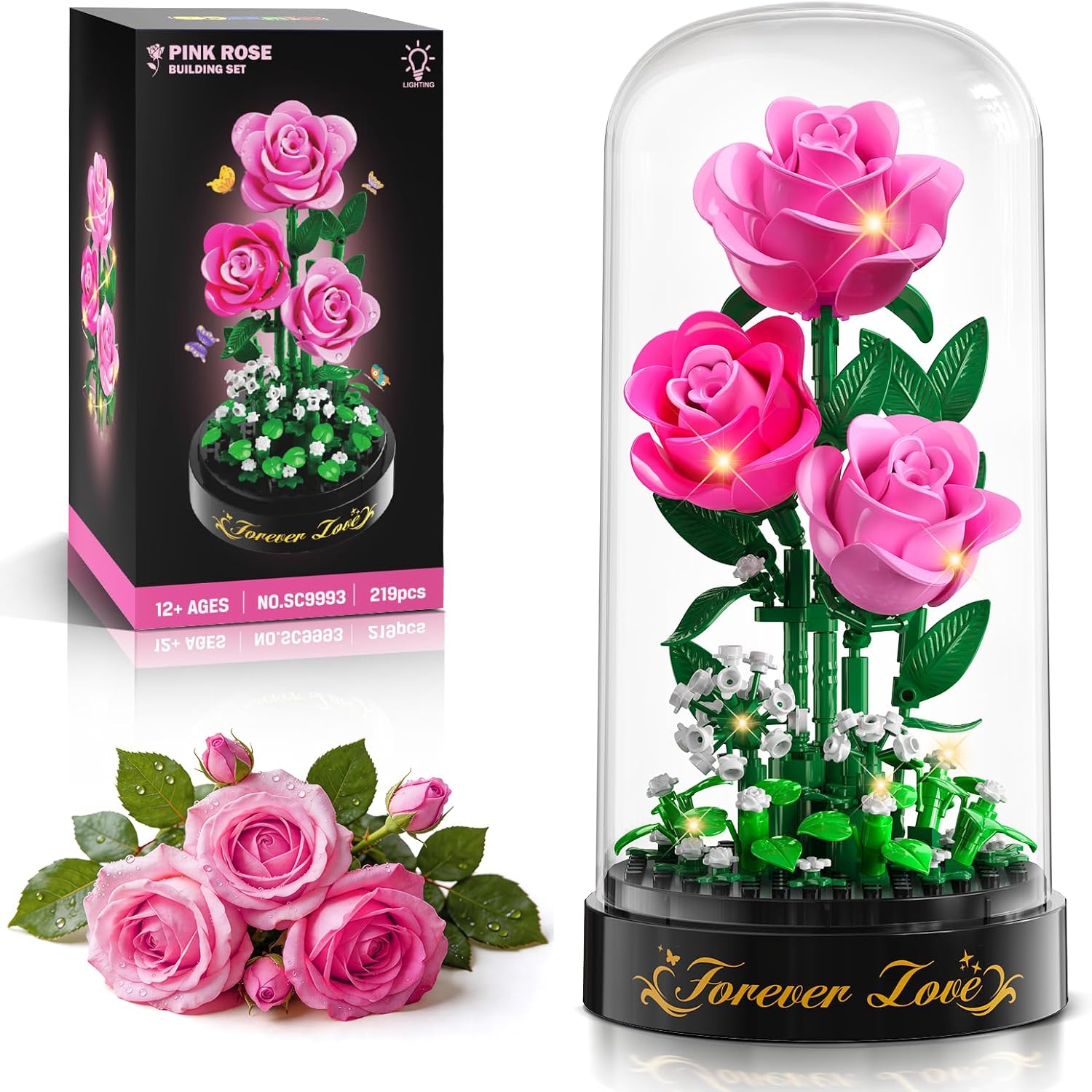 HiWEEGO Flower Bouquet Building Set with LED Light - 3.6MM Rose Building Block with Dust Cover Birthday Xmas Gift for Mom Girls Women Adults, 219PCS Flowers Botanical Collection Toy Home Decor (Pink)