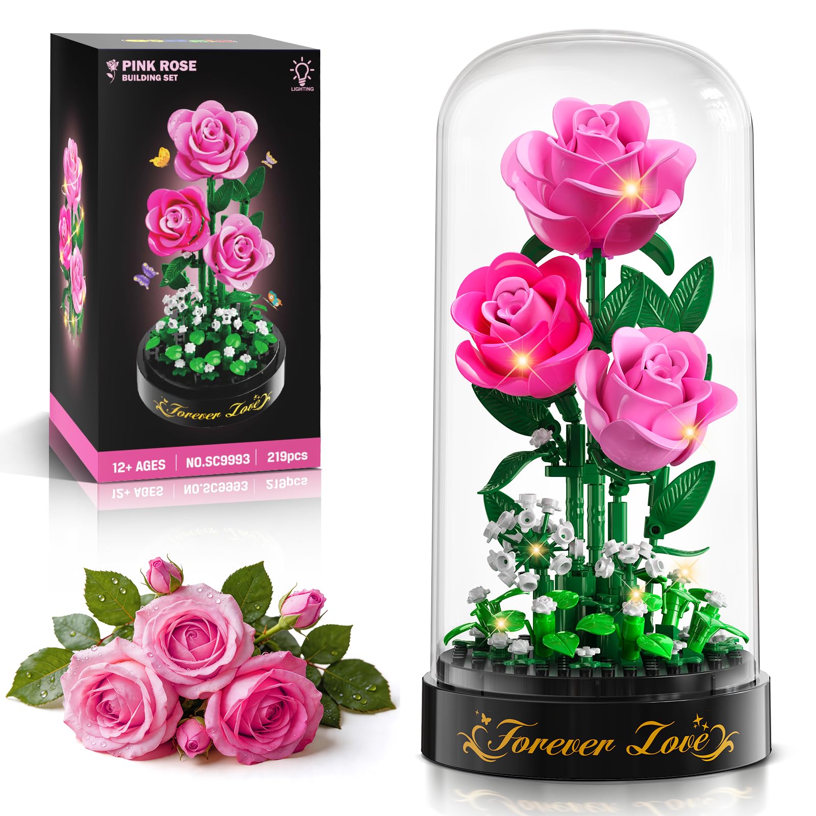 HiWEEGO Flower Bouquet Building Set with LED Light - 3.6MM Rose Building Block with Dust Cover Birthday Xmas Gift for Mom Girls Women Adults, 219PCS Flowers Botanical Collection Toy Home Decor (Pink) โ image 1