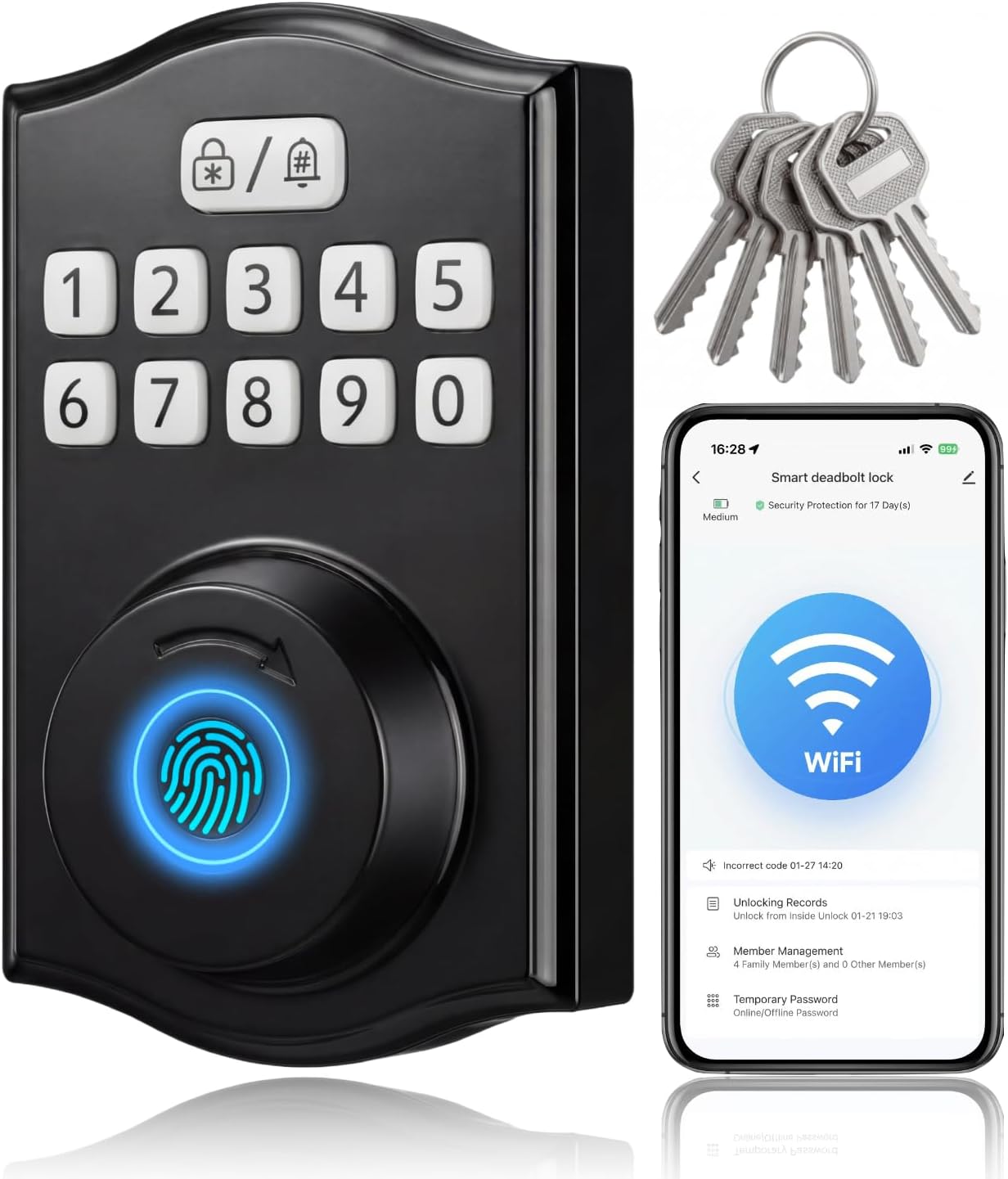 Built-in WiFi Smart Lock, Keyless Entry Door Lock for Front Door, Fingerprint Keypad Deadbolt, App Remote Control, No Hub Needed, 6 Backup Keys, Ideal for Home & Rental