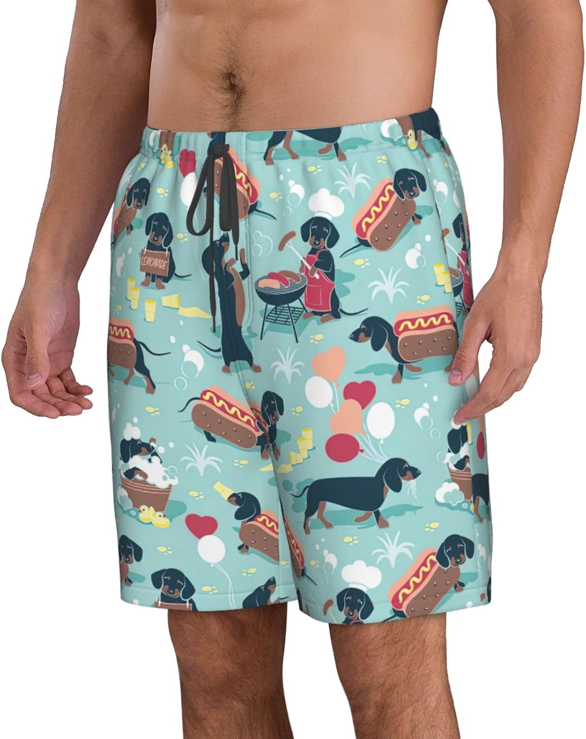 Hot Dogs and Lemonade Print Mens Casual Shorts Drawstring Summer Beach Stretch Shorts Novelty Swimtrunks