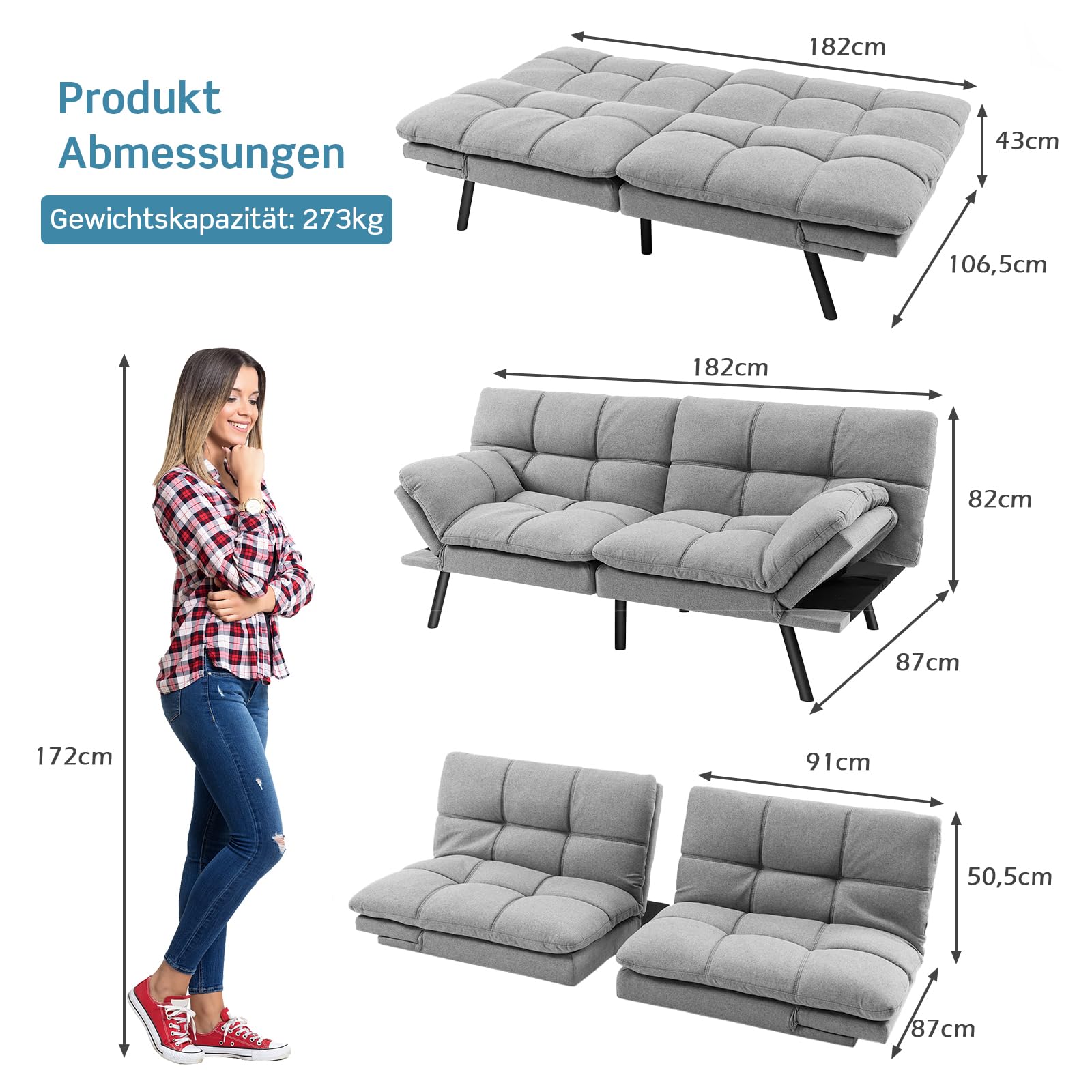 RELAX4LIFE Klappsofa mit Schlaffunktion, Klappbares Schlafsofa, Couch mit Verstellbarer Rückenlehne Armlehnen, Sofabett mit Liegefläche von 182 x 106,5 cm, Sofa für Wohnzimmer Gästezimmer (Grau)