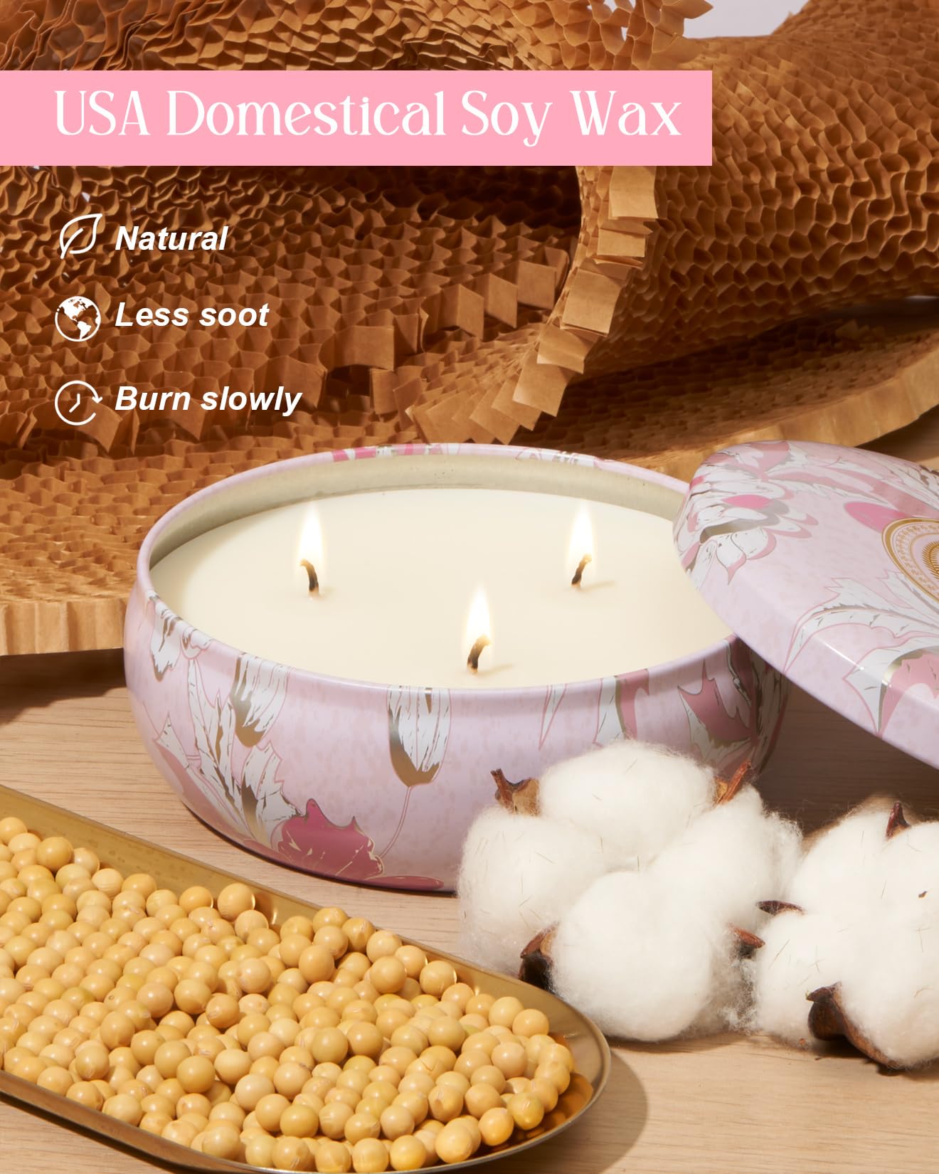 M&SENSE Cherry Blossom Scented Candles, Large 3 Wick Soy Tin Candle, Over 40 Hour Burning Time, 100% Natural Vegan Wax, Relaxing Aromatherapy Aesthetic Candle Gift for Women and Men