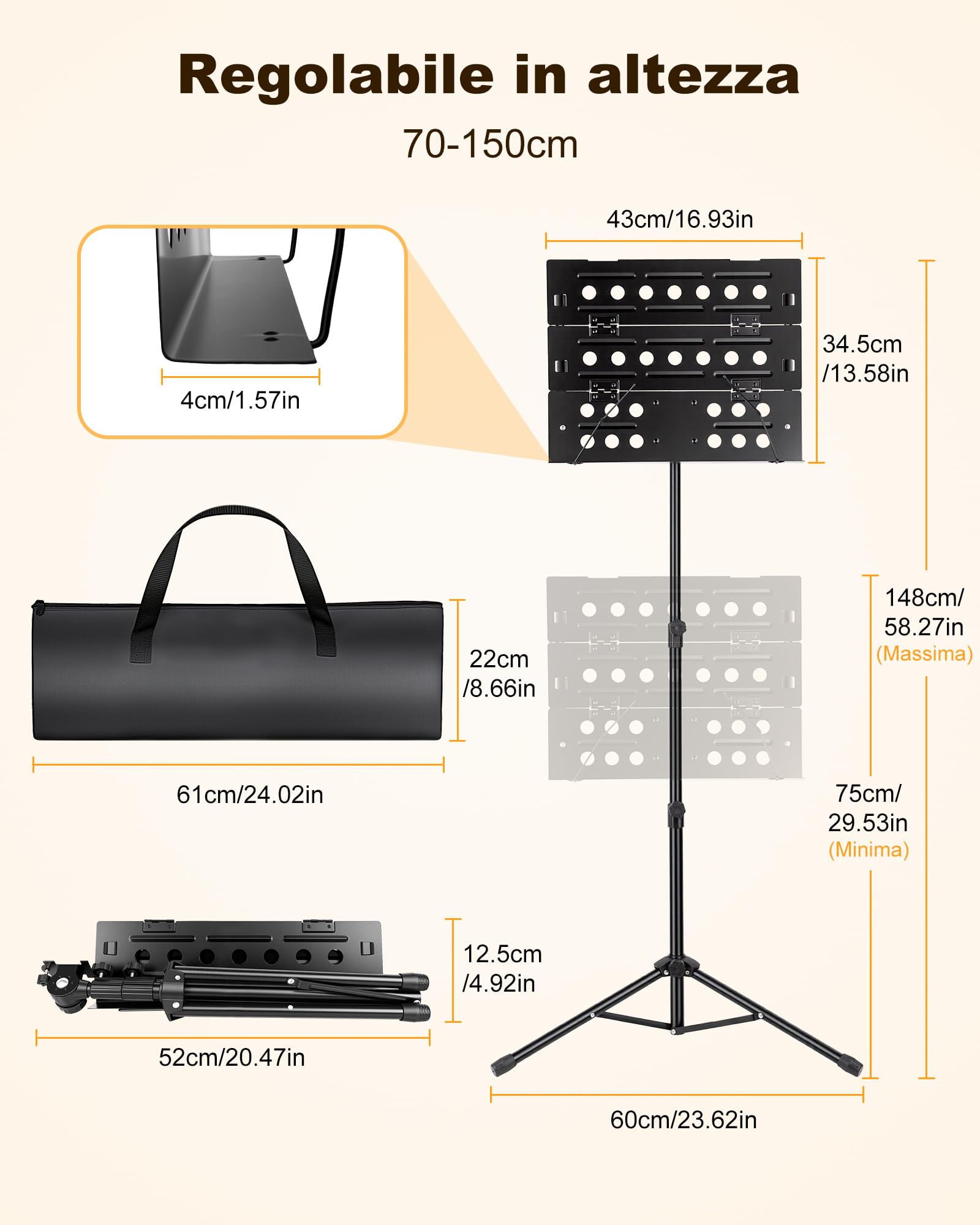 New Bee Leggio Musicale Pieghevol 2 in 1 Altezza Regolabile | Leggio Musicale da Terra con Borsa di Trasporto Portatile Spartiti per Esibizioni di Banda Orchestra e Esercizi a Casa, Nero