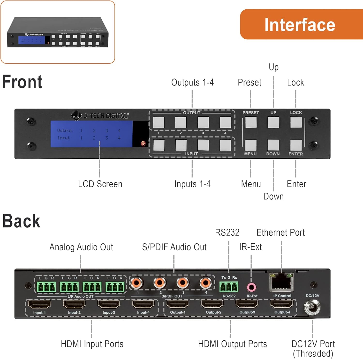 J-Tech Digital 4K 4x4 HDMI Matrix Switch HDMI2.0 4K 60Hz 4:4:4 HDR Compatible with Dolby Vision, with Audio Outputs, Display Panel, Web GUI Control, J-Tech Digital Control App [JTECH-4KM44A]