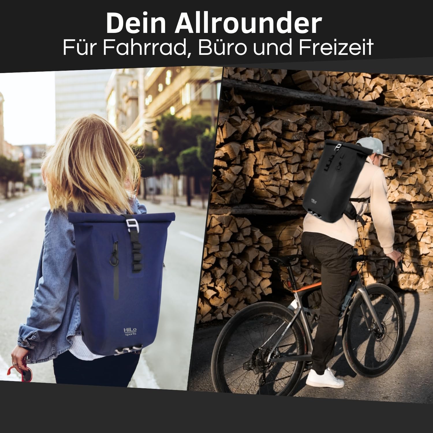 HiLo sports 25 Liter Rolltop Rucksack wasserdicht - Urban 25 Kurierrucksack - Rucksack für Damen und Herren - Für Büro, Arbeit, Freizeit & Fahrrad