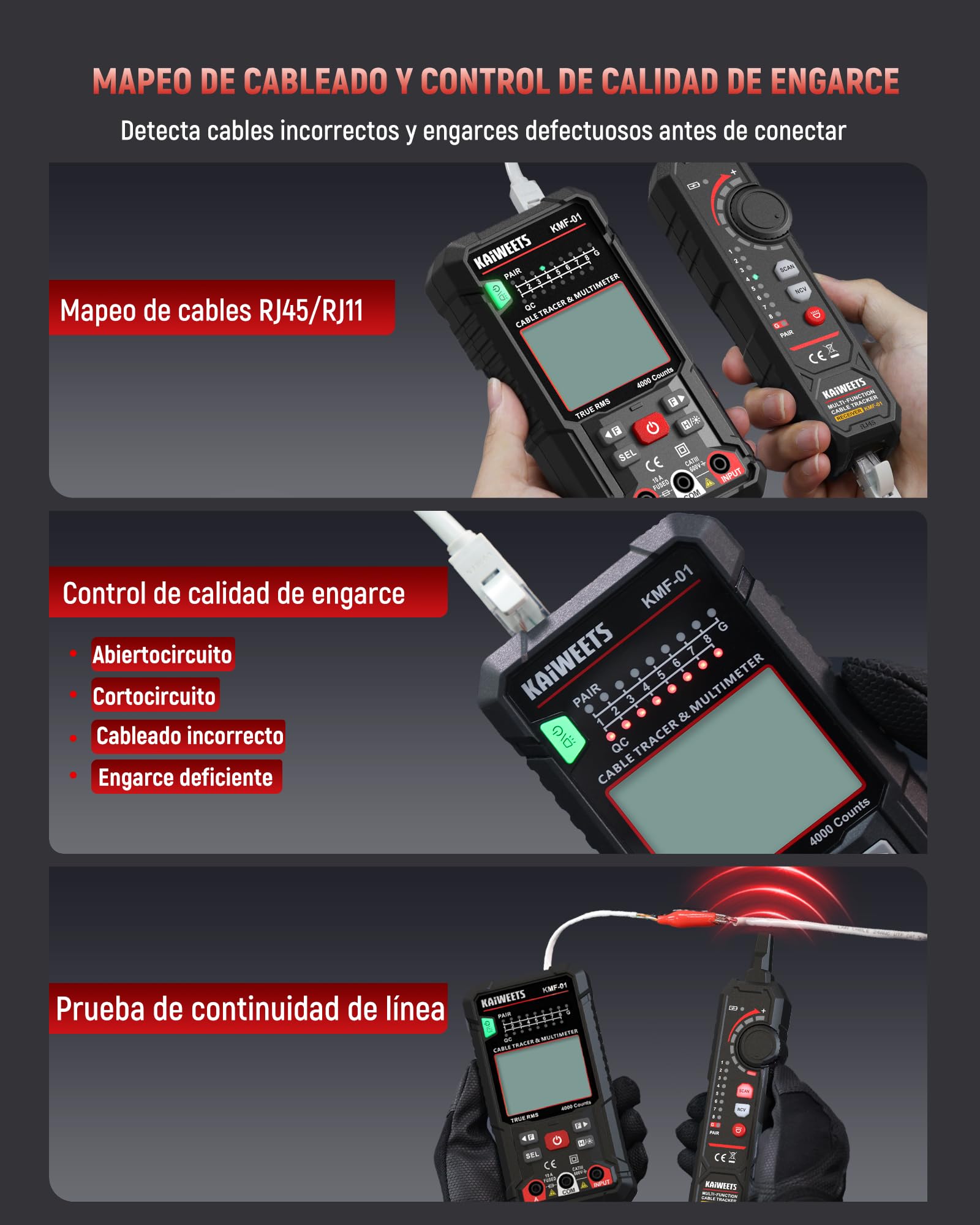 KAIWEETS Multímetro Digital y Localizador de Cables 3 en 1, Polimetro digital Automático 4000 cuentas RMS reales, Lcalizador de Cables RJ45/RJ11 con NCV para Electricistas, Bricolaje Doméstico,Etc
