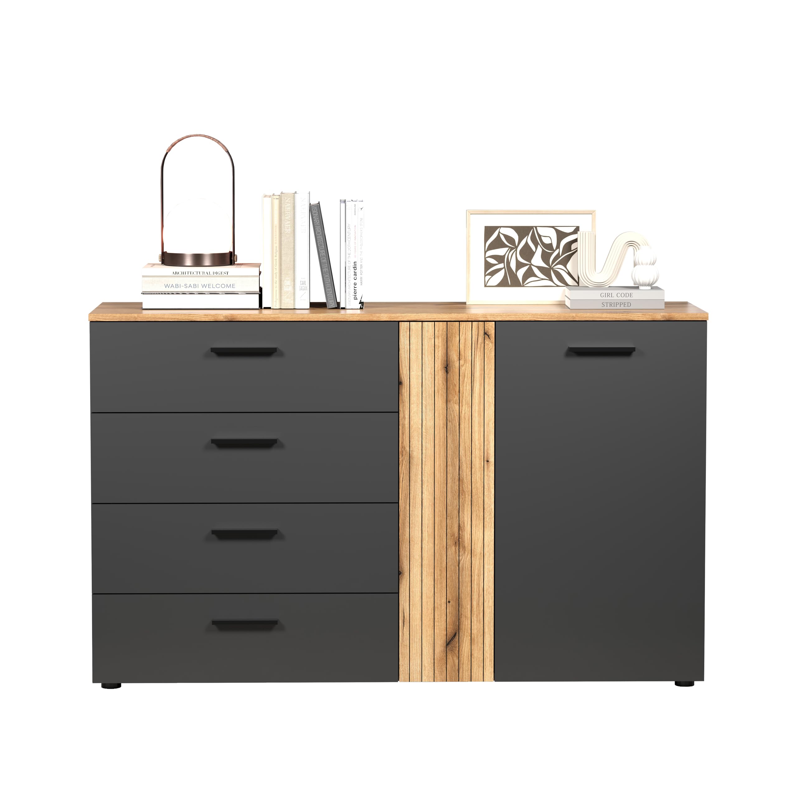 trendteam smart living Esteban Kommode Anthrazit/Evoke Eiche Wohnzimmermöbel mit 4 Vollauszug-Schubladen (BxHxT) 139 x 86 x 38 cm Rillenoptik
