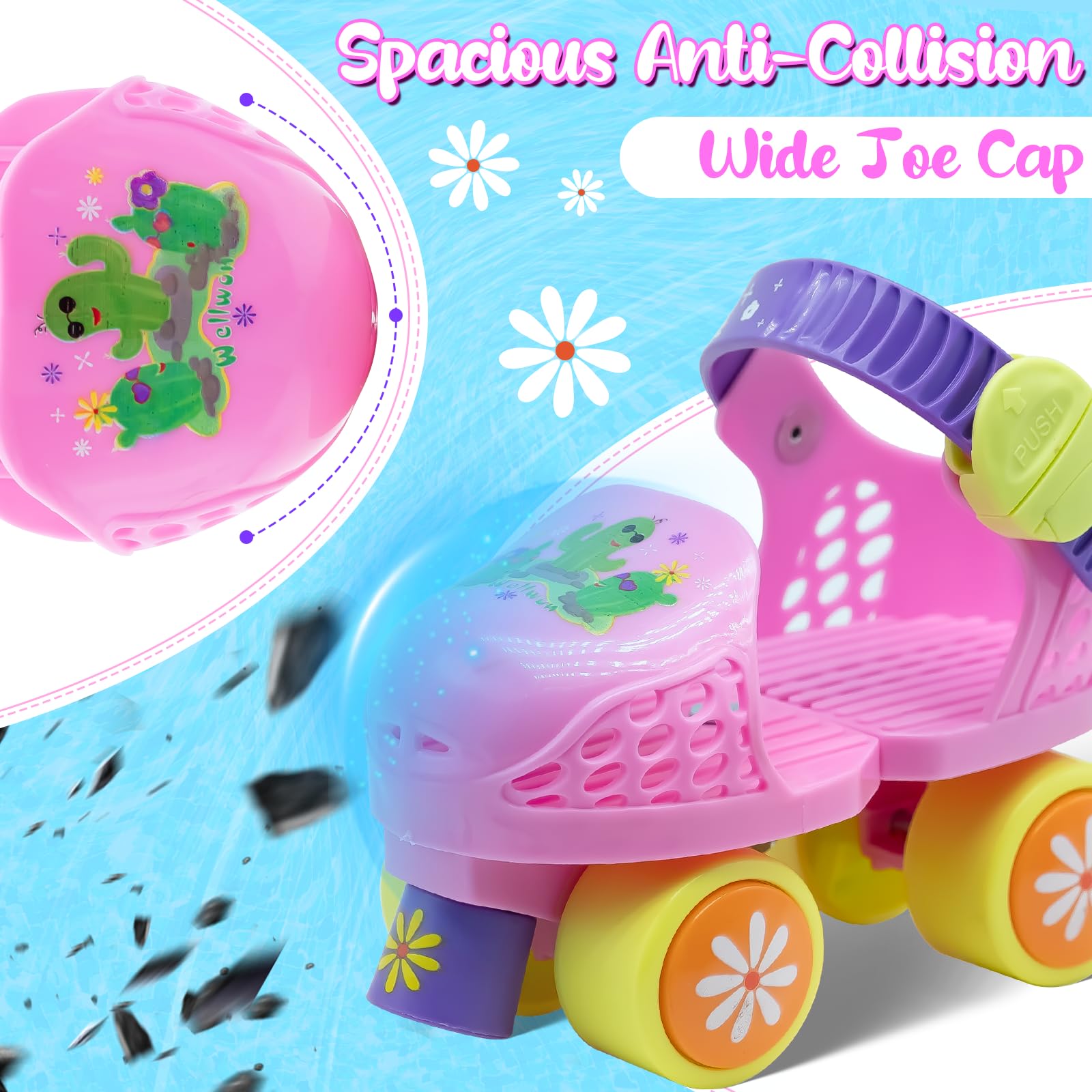 WELLWON Toddler Roller Skate, Adjustable Rollerskates for Girls Boys Age 2-5 Years Old, Kids Beginner Roller Skates Quad-Style 7 Wheel for Children