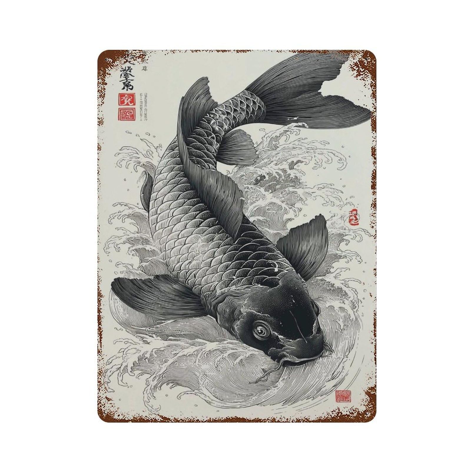 xiaoxiaoshen Japanese Koi Fish – Black Ink Tattoo Style Traditional Wave Work Asian Wall Decor Art Metal Tin Poster Modern Home Decor Art Home Bar Shop Decorations Vintage Sign 40x30cm
