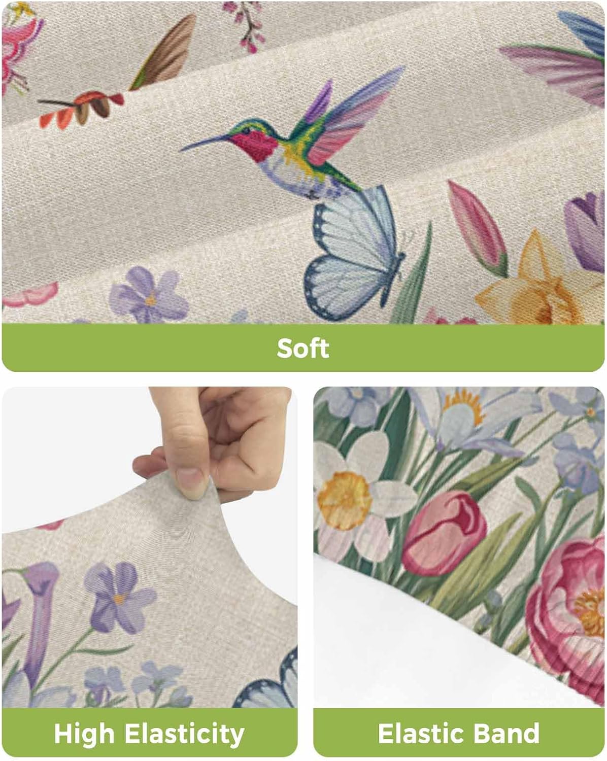 Bar Stool Chair Covers Set of 4 with Back,Watercolor Flowers Stretch Barstool Slipcovers,Spring Hummingbird Butterflly Floral Beige Pub Counter Height/Cafe/Dining Room Chairs Seat Furniture Cover