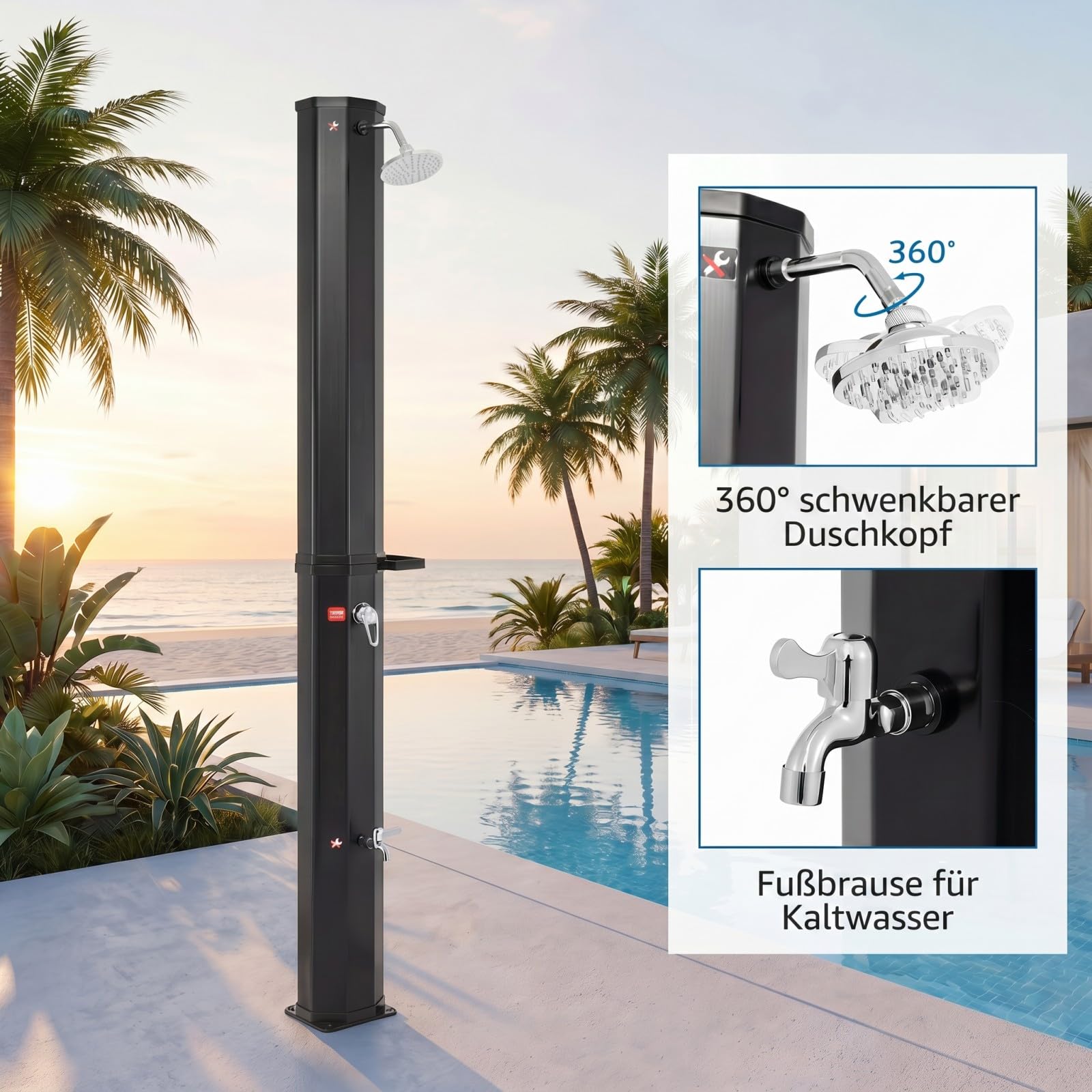SOARS Solardusche, 60L Gartendusche mit Warmwasser bis 60°C (Schwarz) | Solar Dusche mit Ablage, Außendusche mit drehbarem Duschkopf, Fußdusche & Schutzhaube, Pooldusche ohne Strom für Garten, Pool
