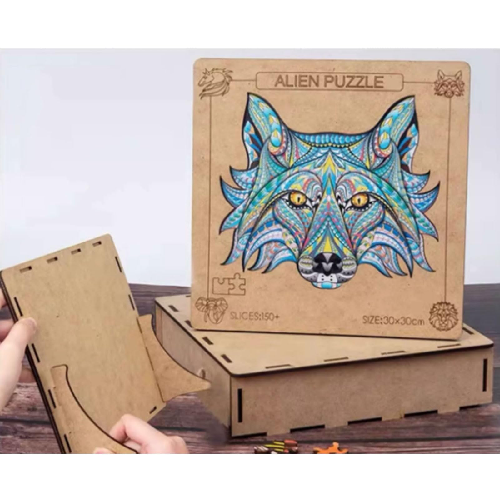 Puzzle di Legno Irregolare Unico Montessori con Animali | Puzzle di Forme con Scatola di Legno, Puzzle Decorativo Fauna con Leone Lupo Tigre Elefante Aquila Orso