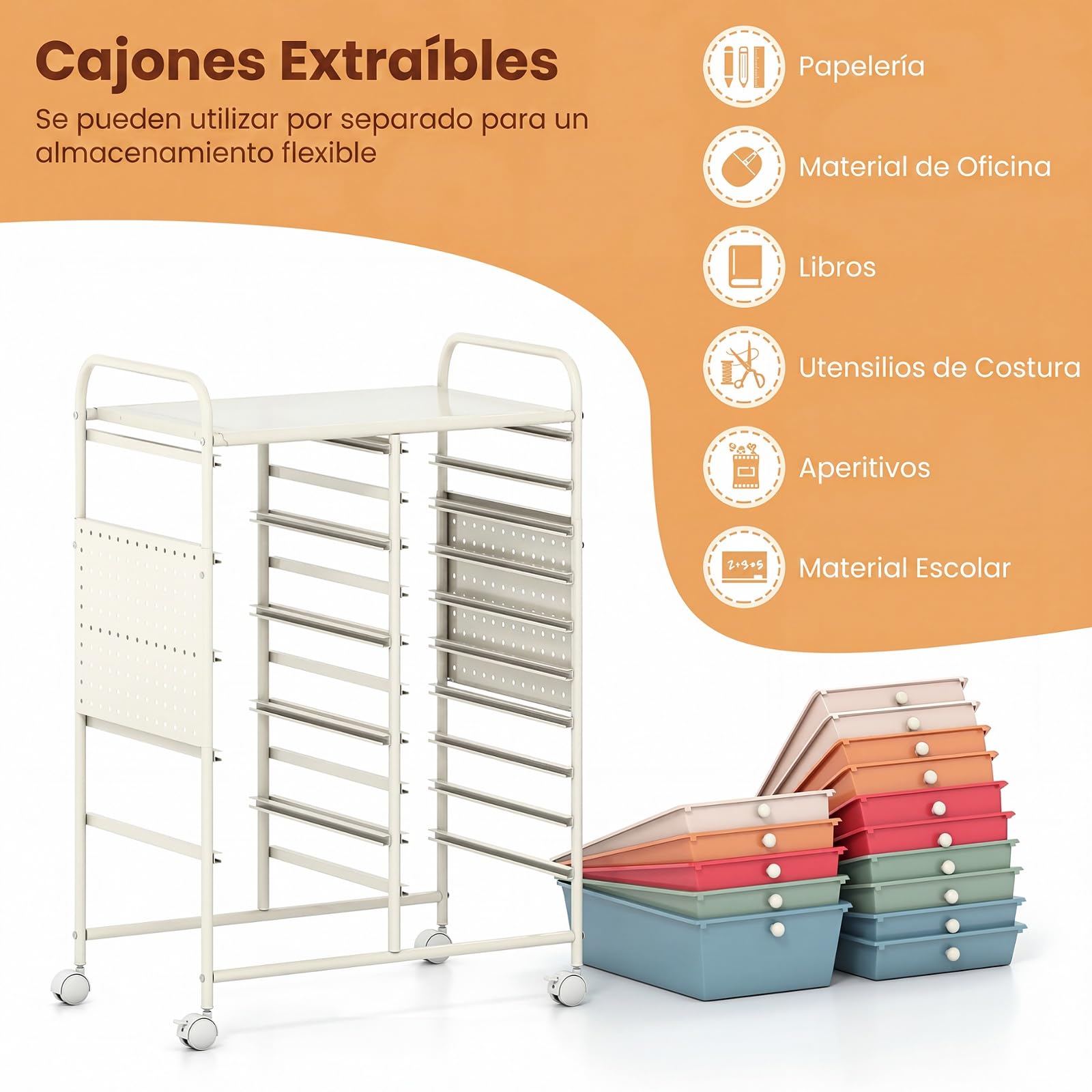 COSTWAY Carro de Almacenamiento con 14/15 Cajones, Carrito Auxiliar de Plástico con Tablero Perforado, Ruedas con Freno, Estructura de Metal, Organizador Rodante para Hogar Oficina (Macaron,15)