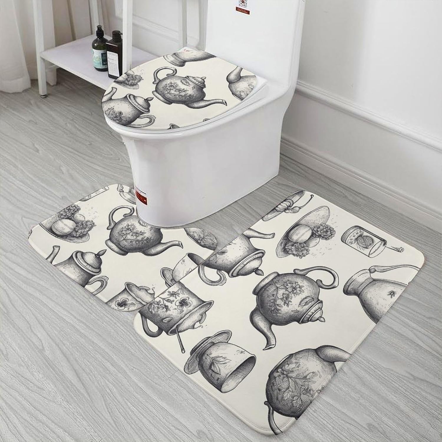 3 Piece Bathroom Rug Set Non-Slip Bath Mat Set Hand Drawn Teapots and Cups Bath Rugs Washable Bath Mat with Toilet Lid Cover Contour Mat Bath Rug for Bathroom Tub