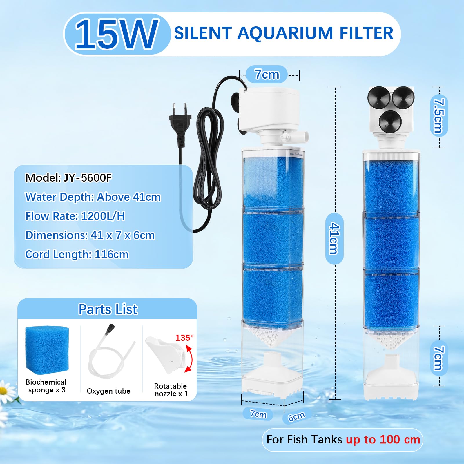 EXLECO Pompes et Filtres pour Aquarium 150-300L, 5 en 1 Réglable Pompe Aquarium Filtre et Oxygène, Pompage, Wavemaker, Moteur Aquariums Silencieux 1200L/H 15W Éponge Filtrante Réutilisable d'eau Douce
