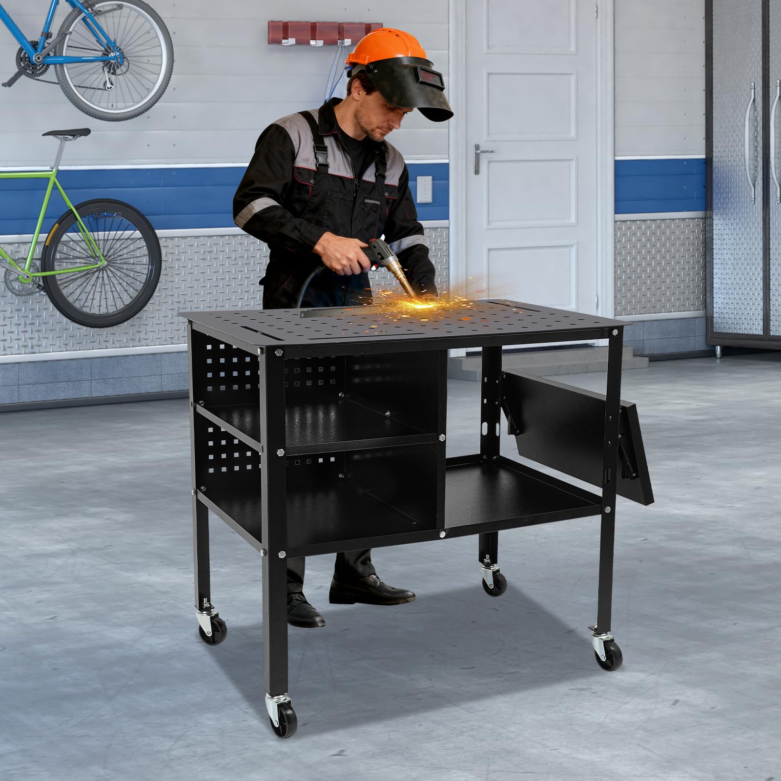 Mesa de soldadura móvil de acero, capacidad de carga de 500 kg, banco de trabajo con ruedas, mesa de trabajo con 4 ruedas, bandeja lateral plegable, placa perforada para taller, reparación de
