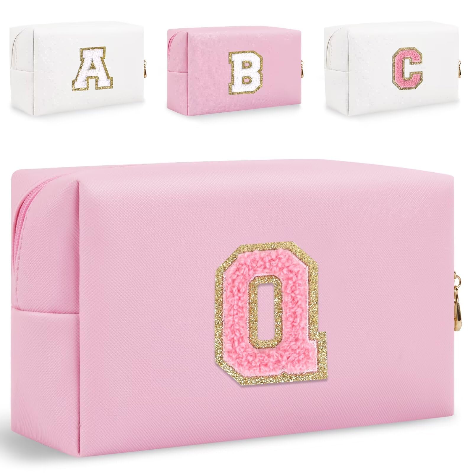 Small Personalized Glitter Initial Letter Makeup Bag, Cute PU Leather Chenille Letters Cosmetic Bag Travel Makeup Pouch, Preppy Travel Organizer