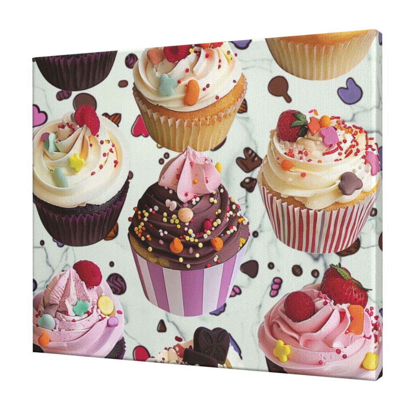 YKLJG Delicious Cupcakes Printed Wall Art Canvas Prints 60x50 CM Wooden Framed Picture Painting Artwork for Bedroom Kitchen Home Office Decor