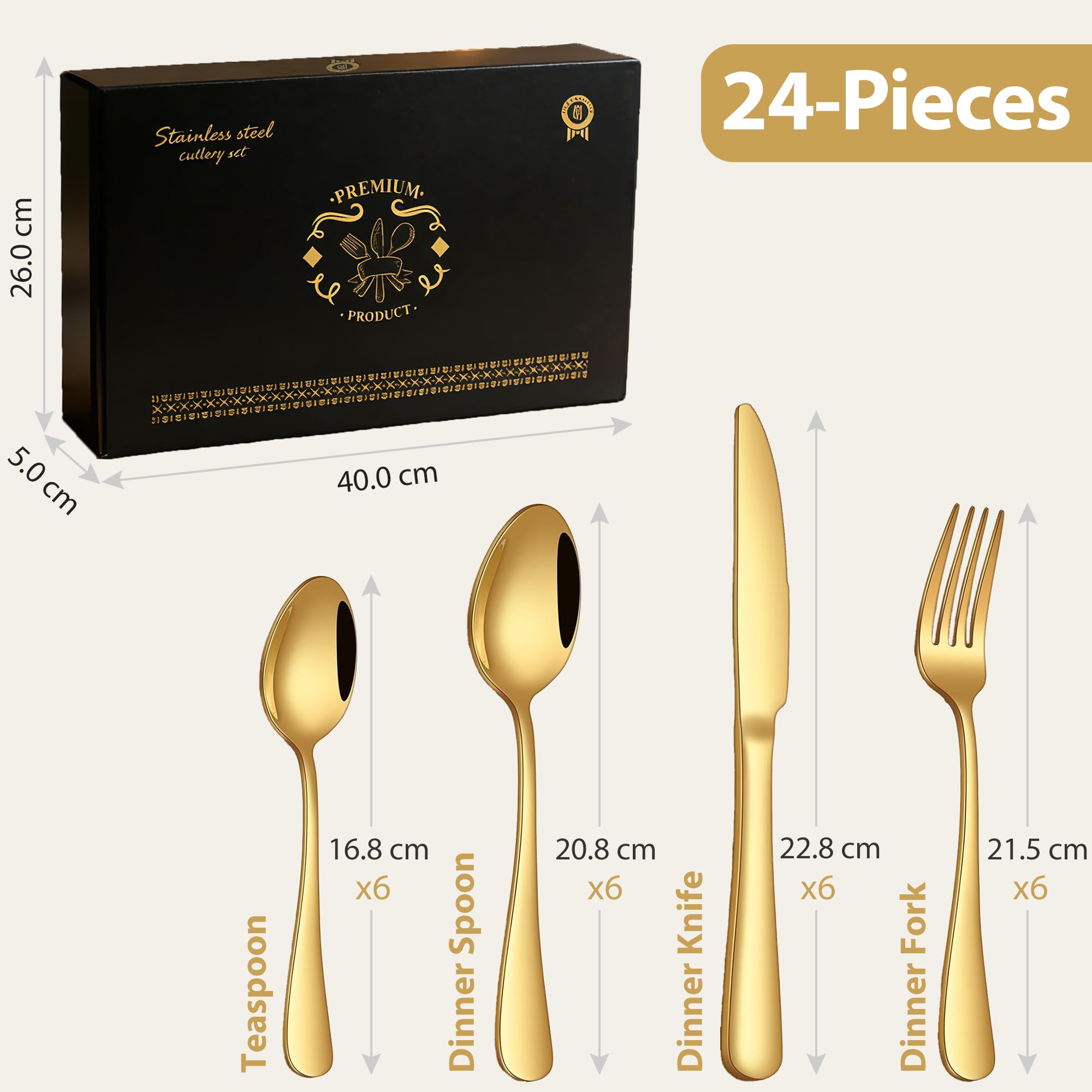 Juego de cubiertos dorados, 24 piezas de acero inoxidable pulido espejo, juego de utensilios de cocina para 6 personas, vajilla para el hogar y el restaurante con caja de regalo