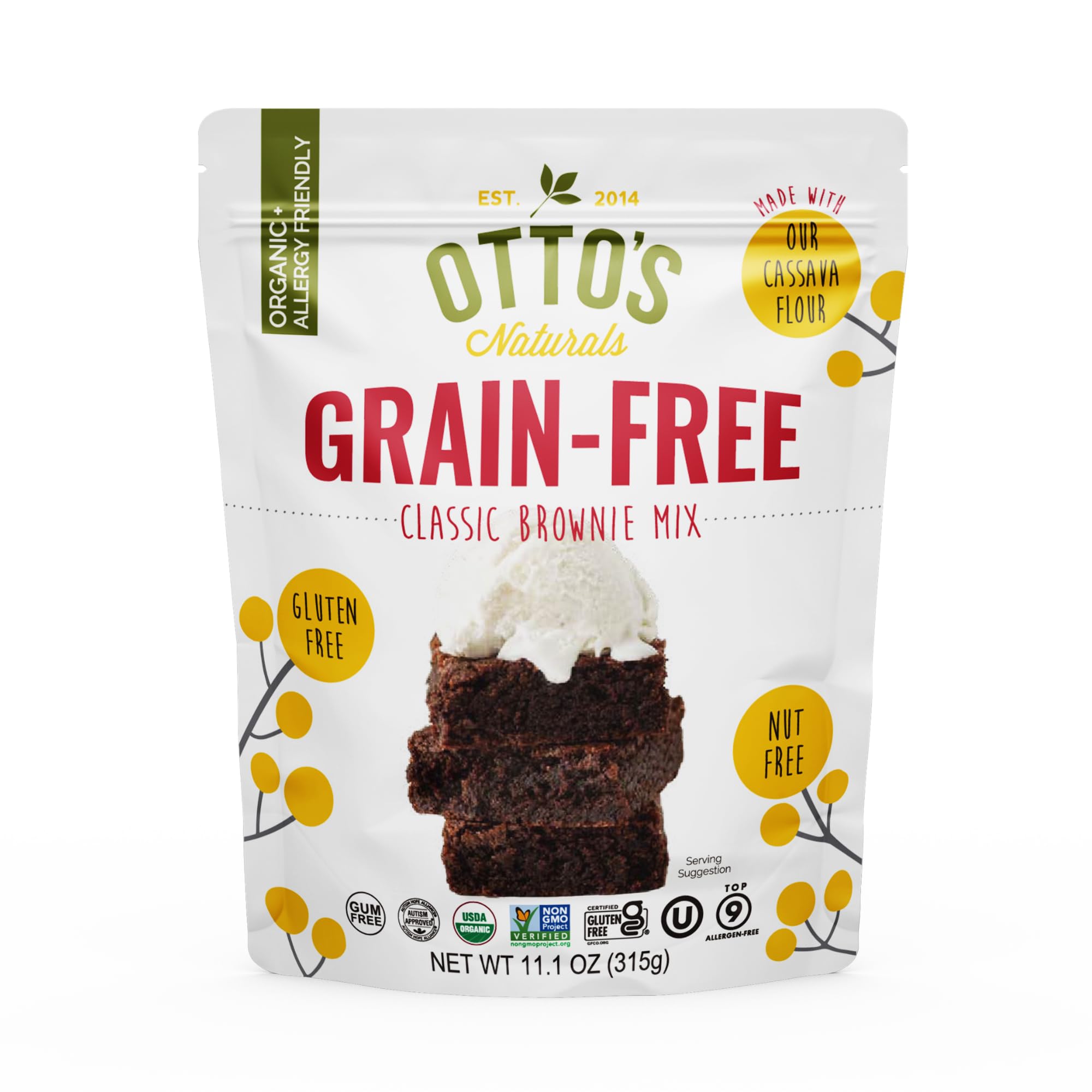 Otto's Naturals Grain-Free Classic Brownie Mix, 11.1 Oz., Top 9 Allergen-Free, Organic Cassava Flour, Gluten Free, Non-GMO, Vegan, Plant-Based