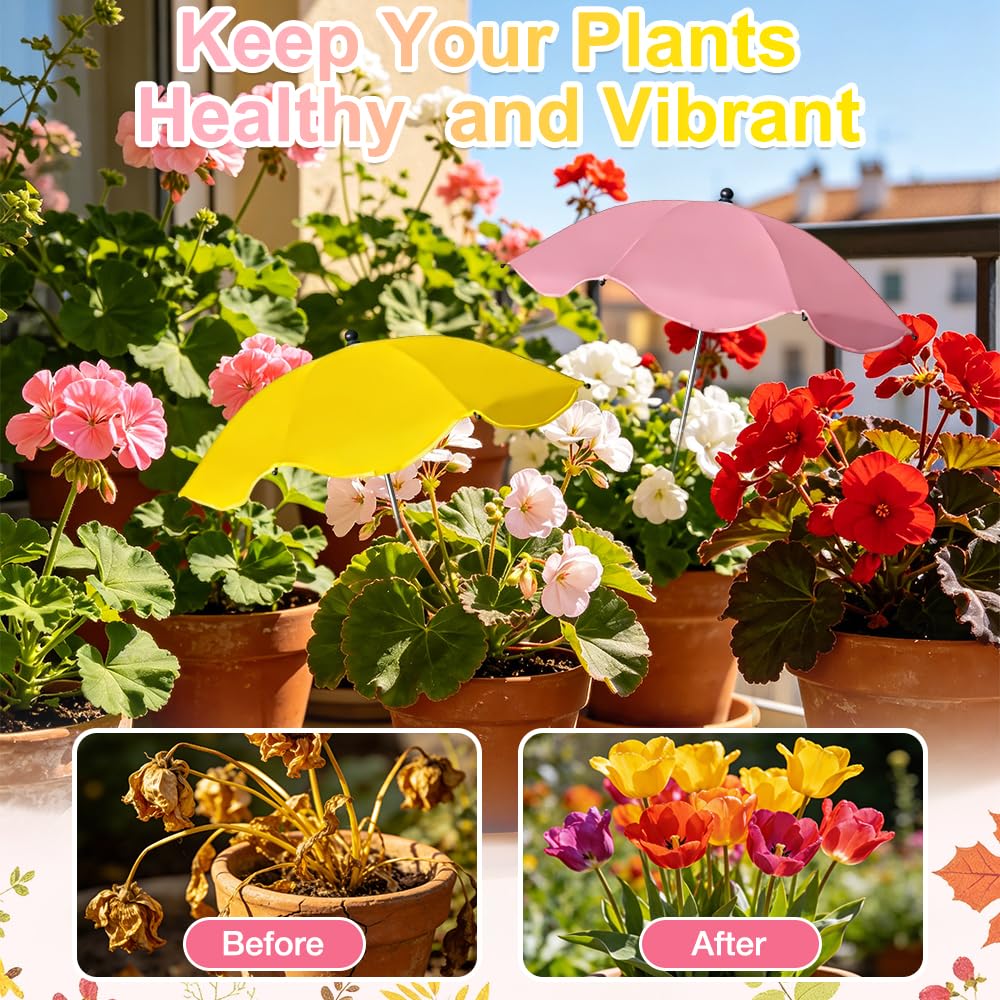 2 Stück Pflanzenschirm, Mini Sonnenschirm für Pflanzen, Sonnenschutz für Pflanzen Ø 60 cm, Verstellbare Pflanzenschirme für Draußen, Pflanzenschutz für Topfpflanzen, Blumen, Gemüse (Gelb+Rosa)