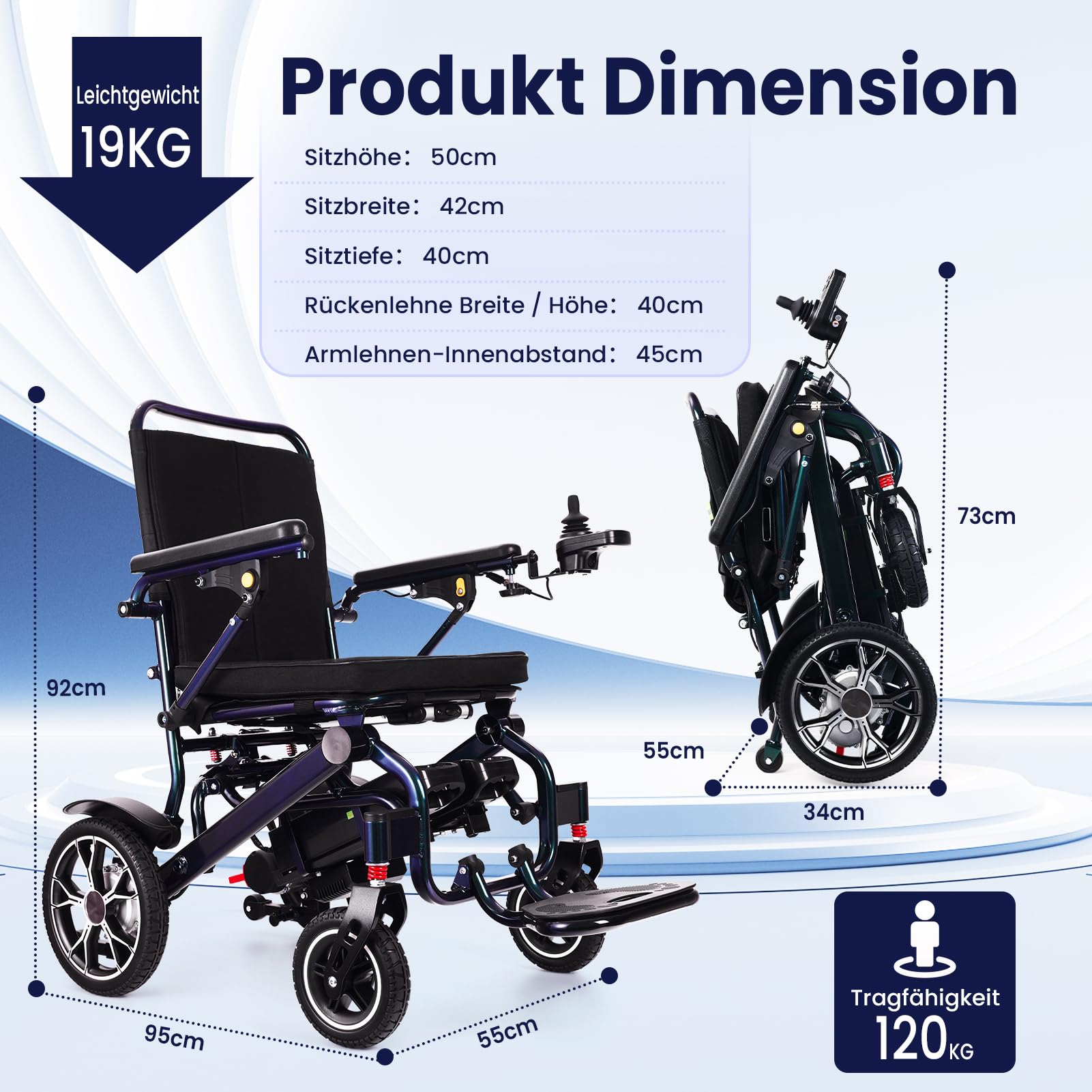 Nuovo colore gradiente sedie a rotelle elettriche, portata di 30 km con 2 batterie al litio, solo 19 kg, 500 W, sedia a rotelle elettrica pieghevole, Airline Approved, con manico telescopico e
