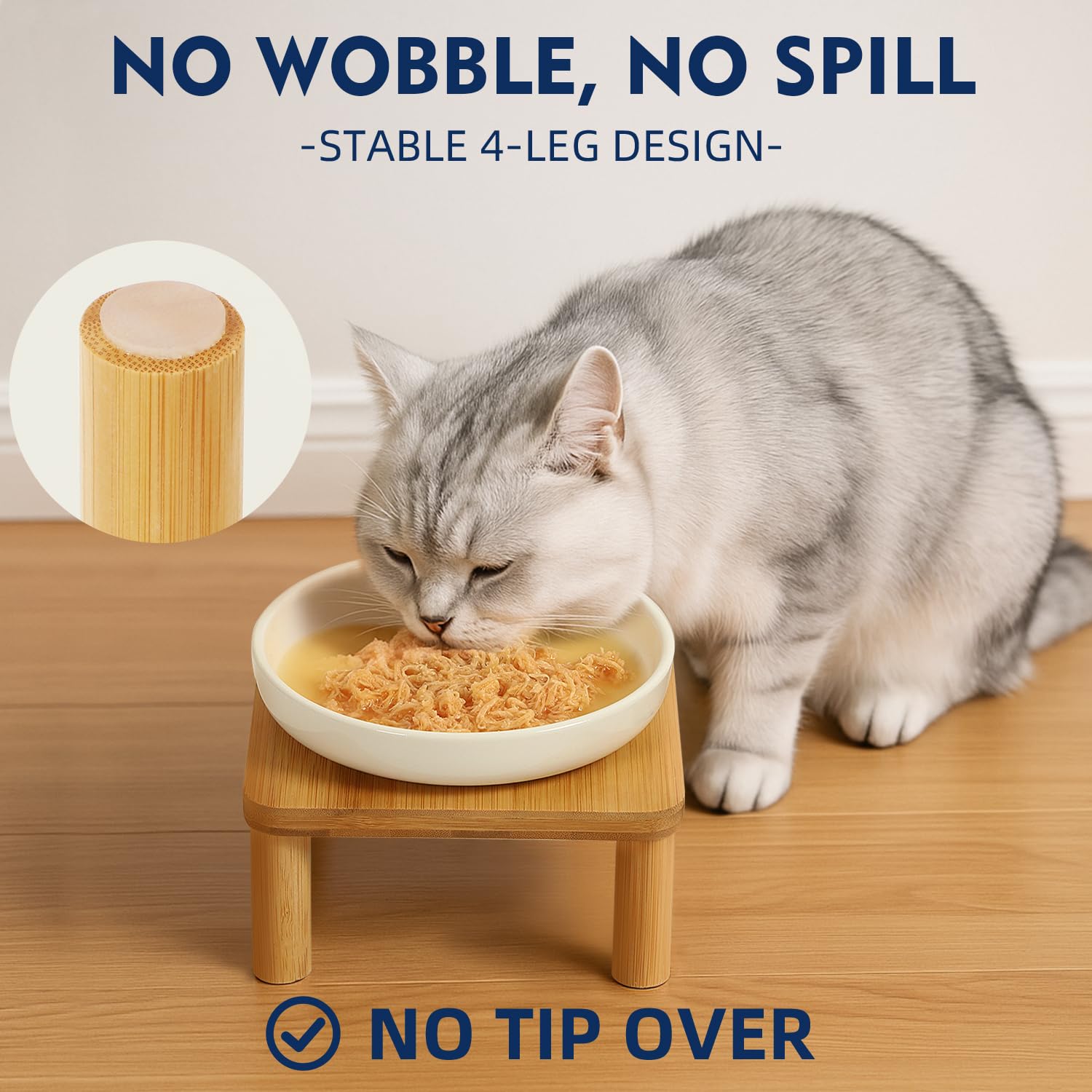 Elevated Cat Bowls for Indoor Cats – Raised Bamboo Cat Bowl Stand with 5.75 Inch Wide Ceramic Dishes, Pet Food Plate Table for Easy Feeding, Whisker Friendly(White,Set of 2) - image 2