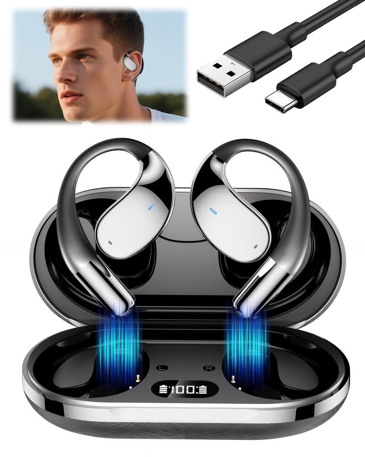 Auricolari Bluetooth Senza Fili Sport 40Hrs Auricolari Bluetooth 5.4 con Stereo HiFi 3D ENC Riduzione Rumore Mic Auricolari Sport Impermeabili IP54 Stereo con Cuffie Schermo LED Ganci Auricolari per