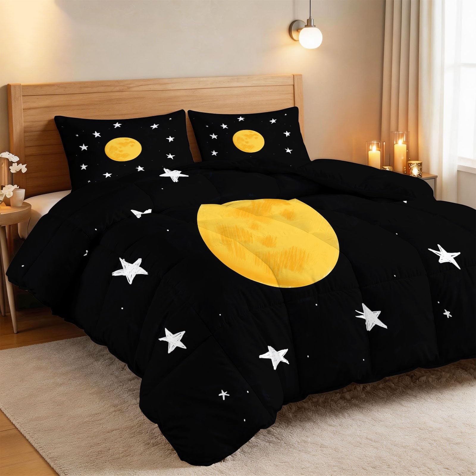 Negro Edredón Nórdico Libros Ilustrados Infantiles Luna Estrellas Trapunta con Acolchado en Diamante, Microfibra Premium, Suave y Transpirable – Todo en Uno, Set de Ropa de Cama 180 x 220 cm 3 Piezas