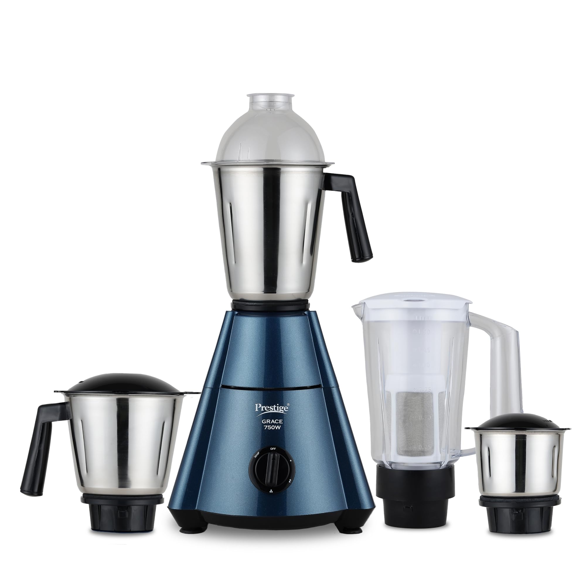 Prestige Grace 750W 4 Jars Mixer Grinder with 3 Stainless Steel Jars & 1 Juice Extracter Jar With Sieve|4 Super Efficient Blades|Sturdy Handles|Dome Shaped Lid|Blue & Black-image-39
