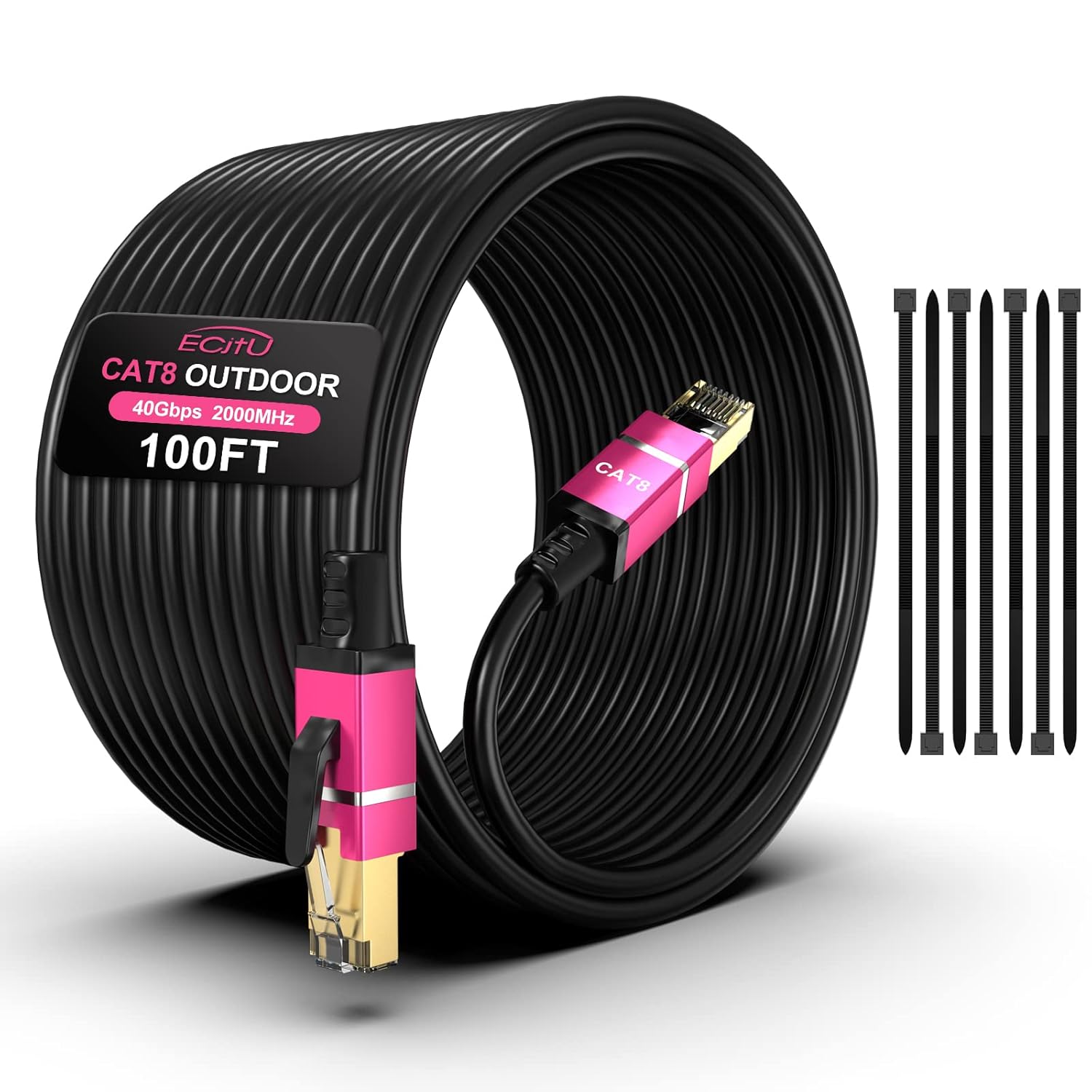 100FT Cat8 Outdoor Ethernet Cable, In-Ground, 26AWG Pure Copper Cat 8, Heavy Duty Direct Burial, LLDPE UV Jacket, Waterproof, 40Gbps 2000Mhz SFTP Patch Cord, POE, Network, Internet, with 25 Cable Ties 100 Feet