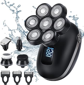 Electric Head Shaver for Bald Men, Waterproof 7D Blad Head Shaver, 5 in 1 Cordless Razorfor, Wet&Dry Rechargeable Grooming Kit with Beard Clippers Nose Trimmer
