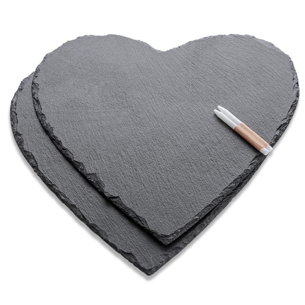 WLWNWFT Juego de 2 placas de pizarra con forma de corazón, 30 cm, con rotulador de tiza, bandeja para servir de pizarra negra, corazones de pizarra para servir y escribir