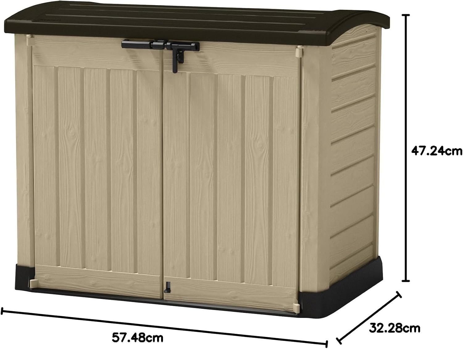 Diagram showing the dimensions of the Keter 12-922631 outdoor storage box.