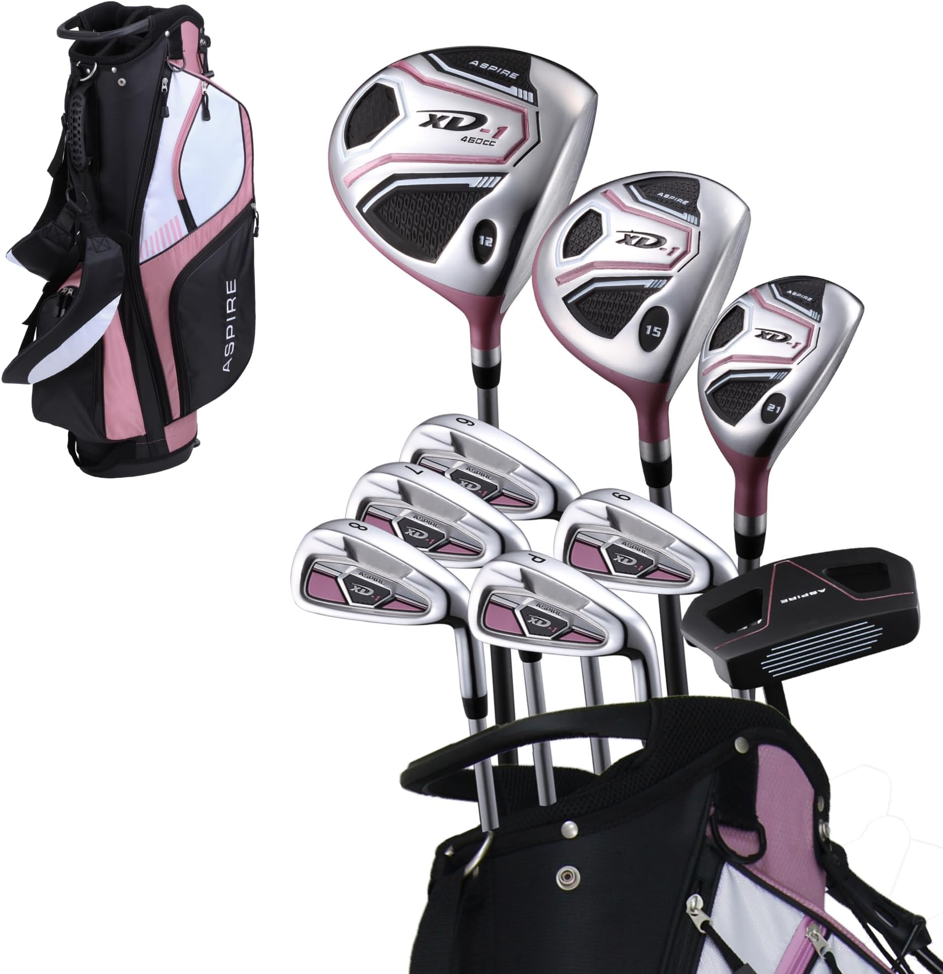XD1 Ladies Womens Complete Right Handed Golf Clubs Set Includes Titanium Driver, S.S. Fairway, S.S. Hybrid, S.S. 6-PW Irons, Putter, Stand Bag, 3 H/C's Pink