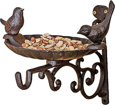Petlicity Cast Iron Bird Bath and Feeder - Wall Mounted Bird Feeder with Hanger, Wall Bracket and Ornate Contemporary Sculptural Detailing - Bird Feeder for Fence and Rustic Garden Decor - Set of 1