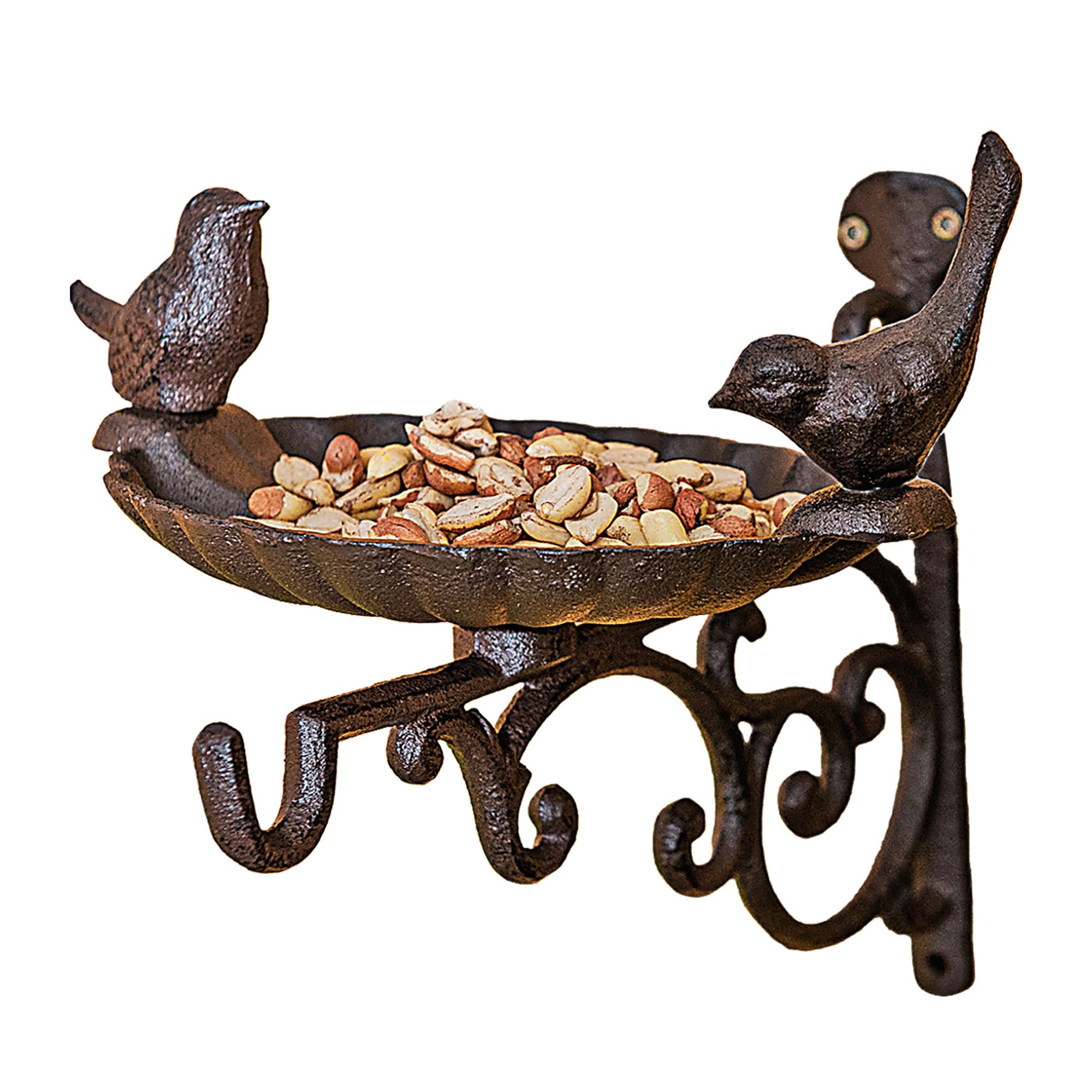 Petlicity Cast Iron Bird Bath and Feeder - Wall Mounted Bird Feeder with Hanger, Wall Bracket and Ornate Contemporary Sculptural Detailing - Bird Feeder for Fence and Rustic Garden Decor - Set of 1