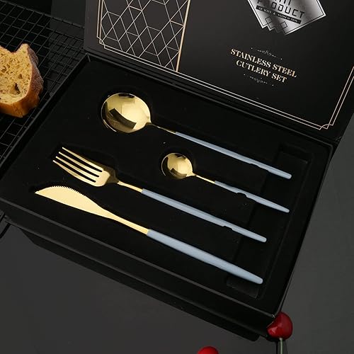 Miniatura 34 de JASHII Juego de cubiertos de 24 piezas con caja de regalo, juego de cubiertos de acero inoxidable para 6, regalo de inauguración de la casa, mango