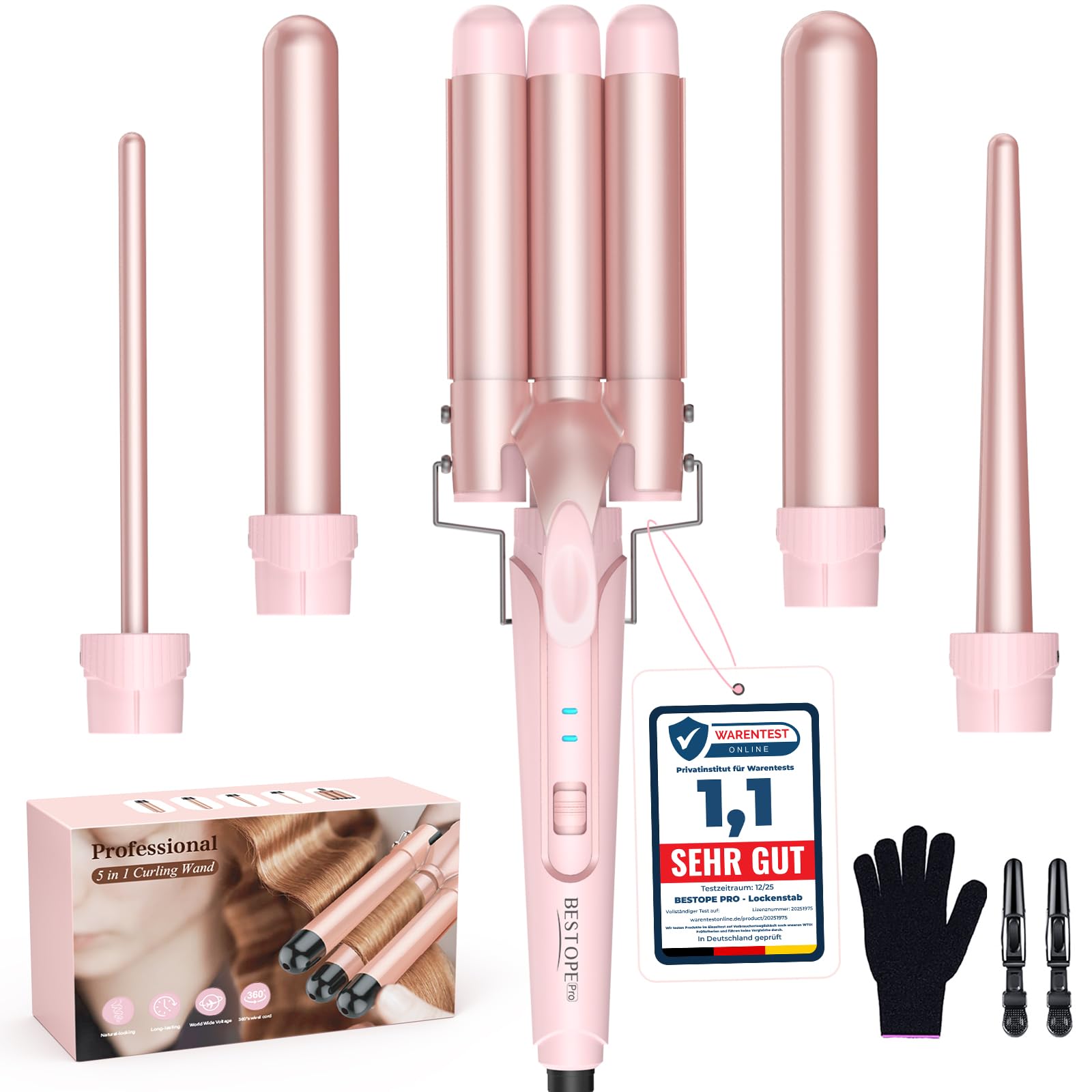 BESTOPE PRO Rizador de pelo con 3 barriles de hierro ondulado 5 en 1, juego de 3 barriles para ondas grandes, ajuste de temperatura, calentamiento rápido y un guante, 2 clips, color rosa