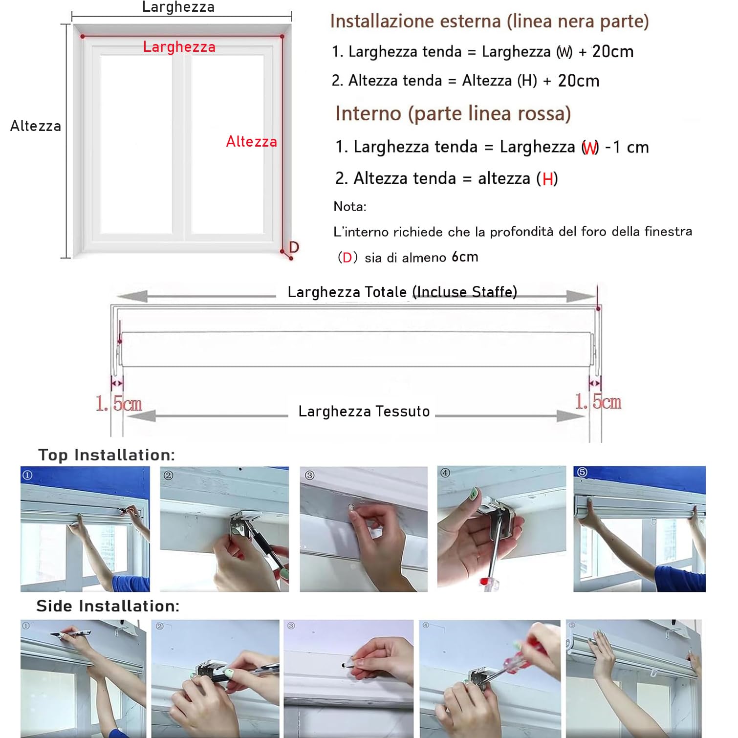 Tenda Oscurante a Rullo Senza Fili,Tende Avvolgibile con Sistema a Molla,Tessuto Protezione UV e Impermeabile,per Porte e Finestre,Personalizzate,Larghezza x Altezza (95cm x 250cm)