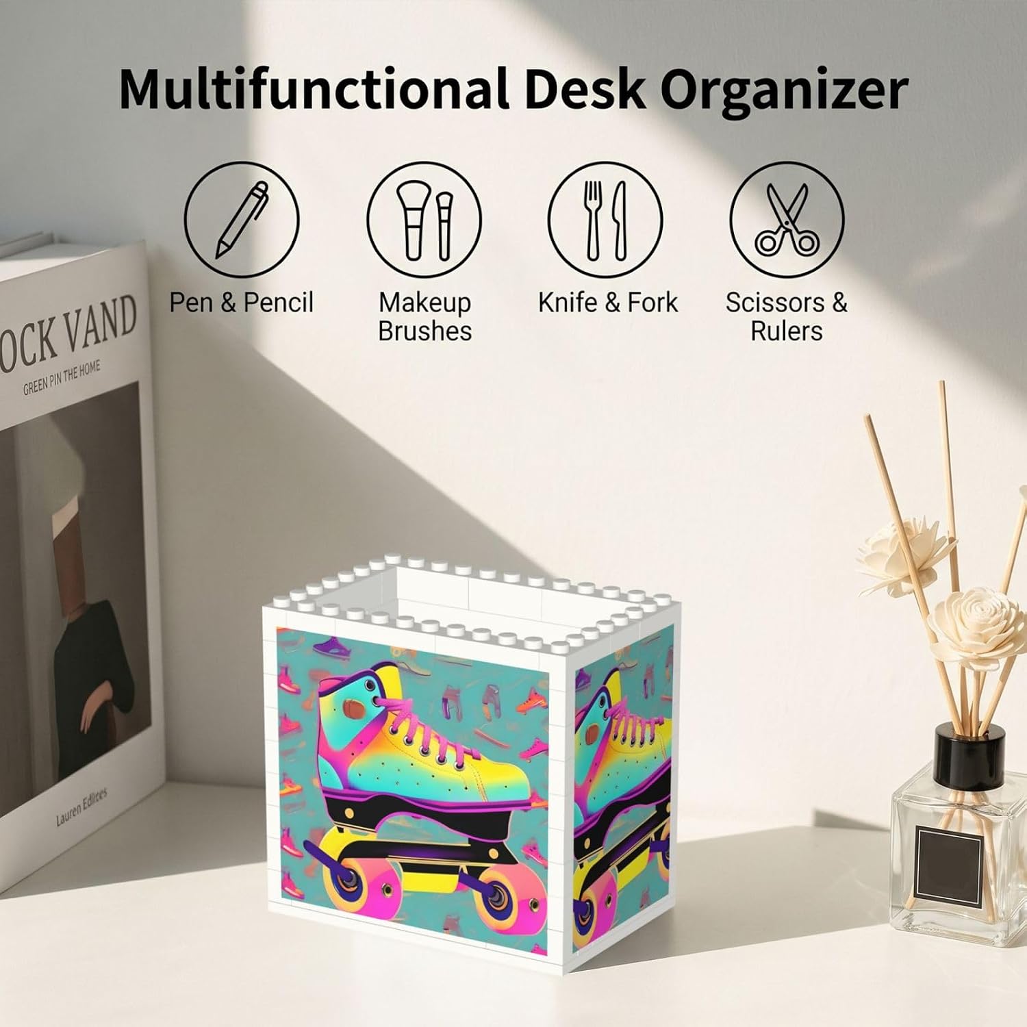 Colorful Roller Skates Print Uv Print Block Pencil Cup, Detachable Creative Block Desk Organizer Office Abs Pen Holder image 5