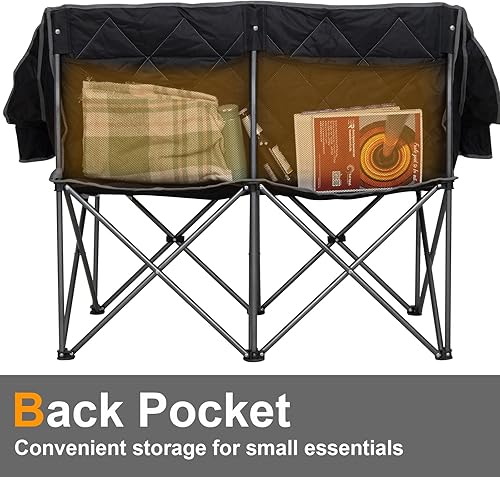 Miniatura 6 de Romswi Silla de campamento doble, silla de campamento para 2 personas, sofá biplaza plegable de gran tamaño, sofá de campamento resistente y sofá al