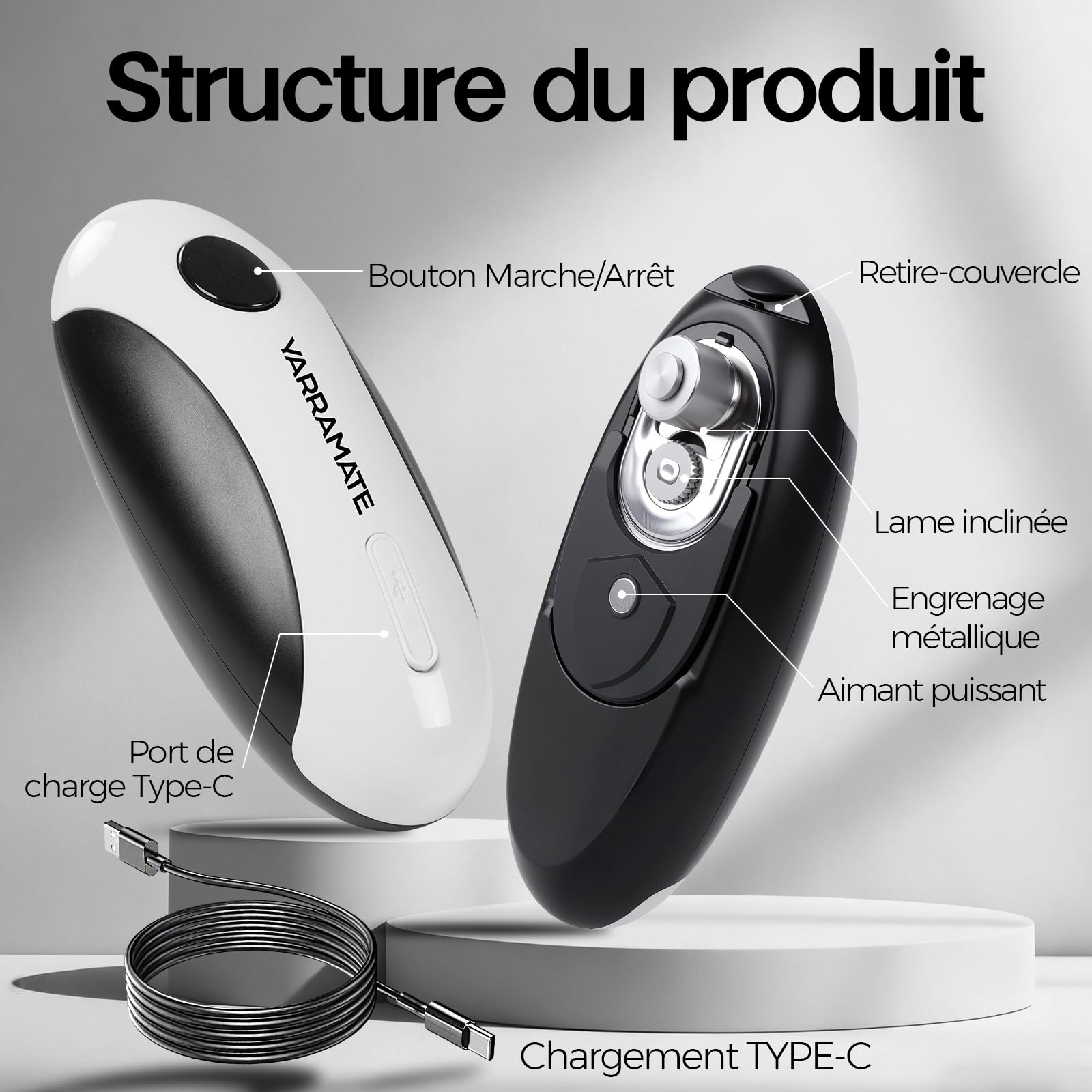 YARRAMATE Ouvre Boite Electrique Rechargeable – Ouvre-boite de Conserve Automatique à Une Touche, Bord Lisse, Mains Libres pour Seniors, avec Sac de Rangement, Portable Voyage Camping Cadeau