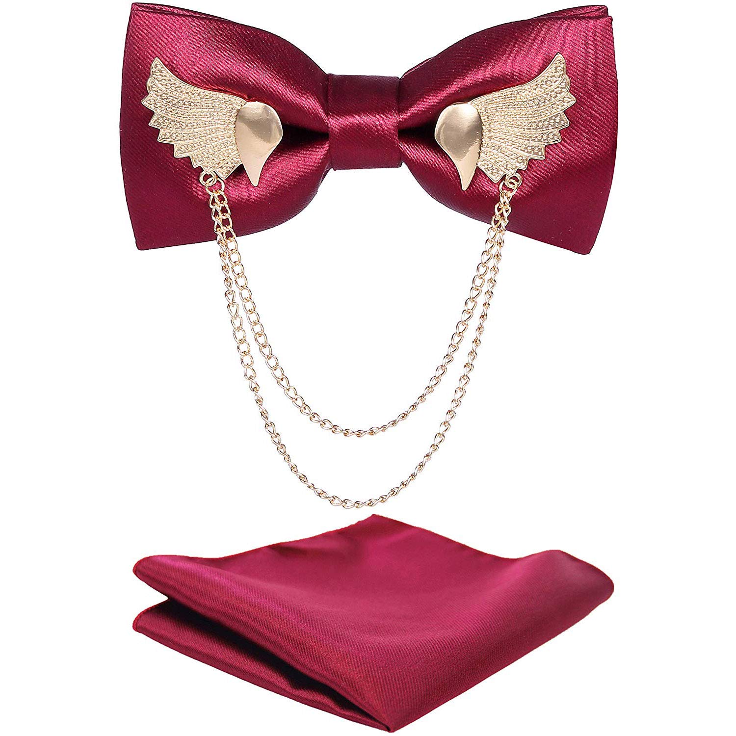 Solid Bow Tie Metal Golden Wing Bowties Hanky Set Tuxedo Banquet Neck Tie, Burgundy, Medium