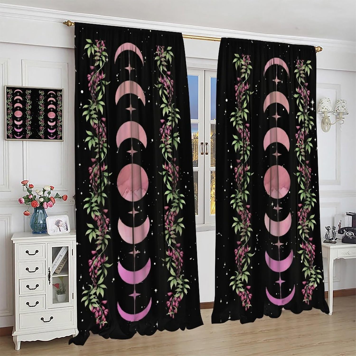 Pink Moon Phase Curtains,Stars Boho Floral Moonlit Gothic Art Print Window Drapes for Bedroom Living Room Kitchen Cafe （W20xL45 Inch） x2 Decor image 4
